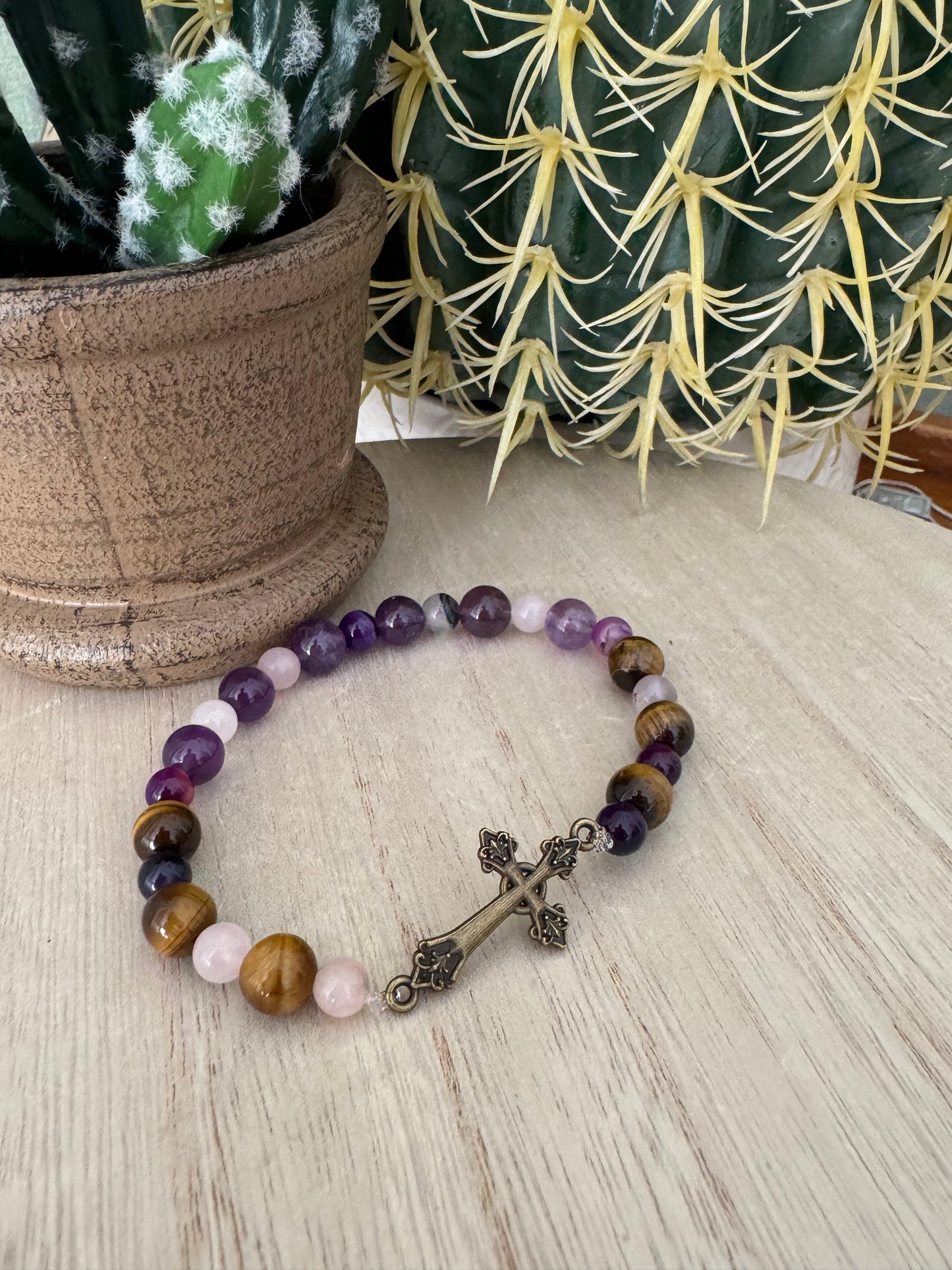 Purple & Brown Stretch Bracelet with Bronze Cross