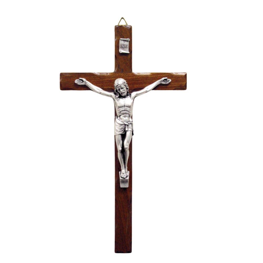 Wooden Wall Crucifix with Antique Silver-Tone Corpus | 10-Inch Catholic Crucifix
