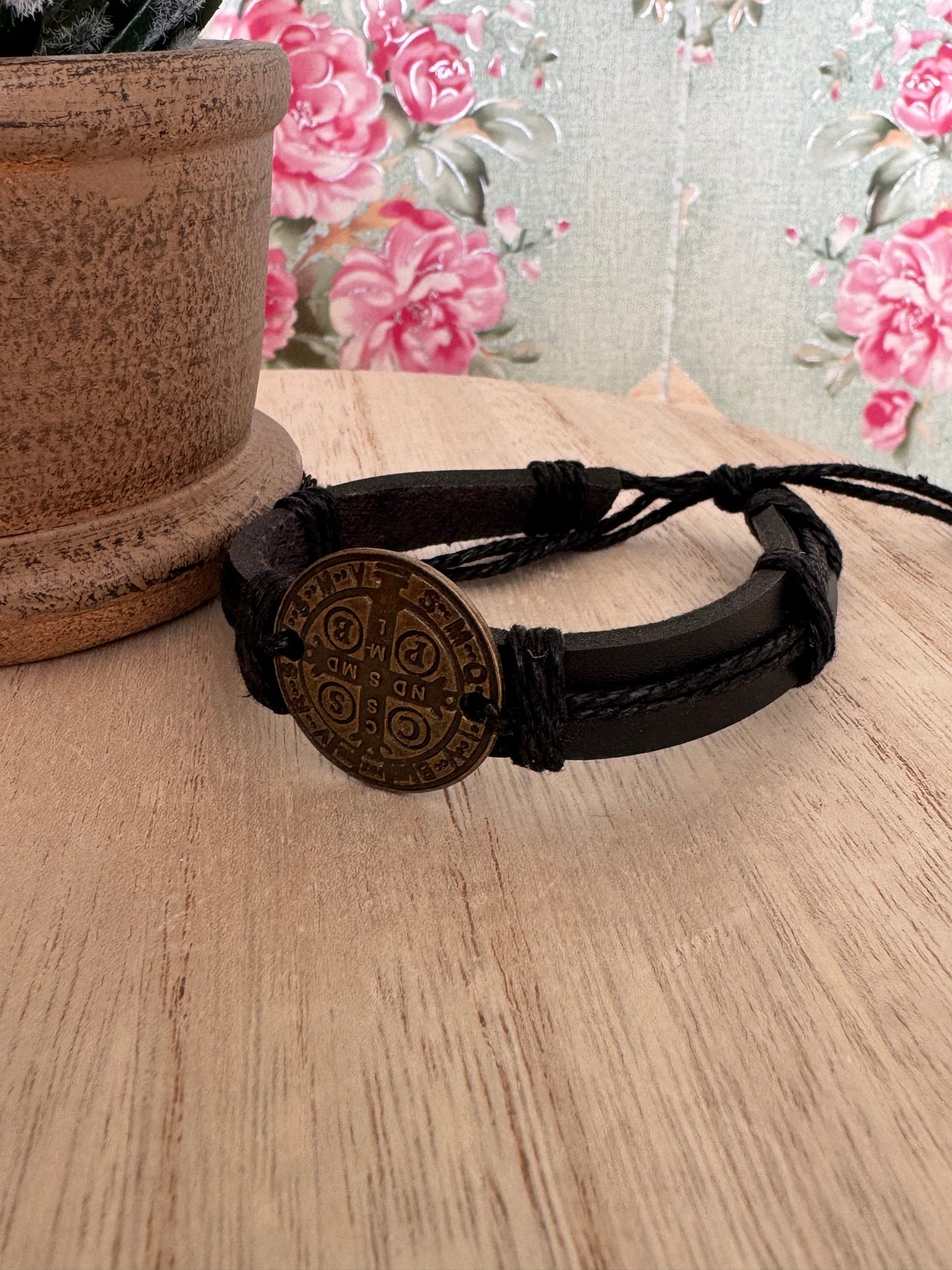 Leather Bracelet with St. Benedict Medal – Adjustable 1/2” Band – Catholic Religious Jewelry