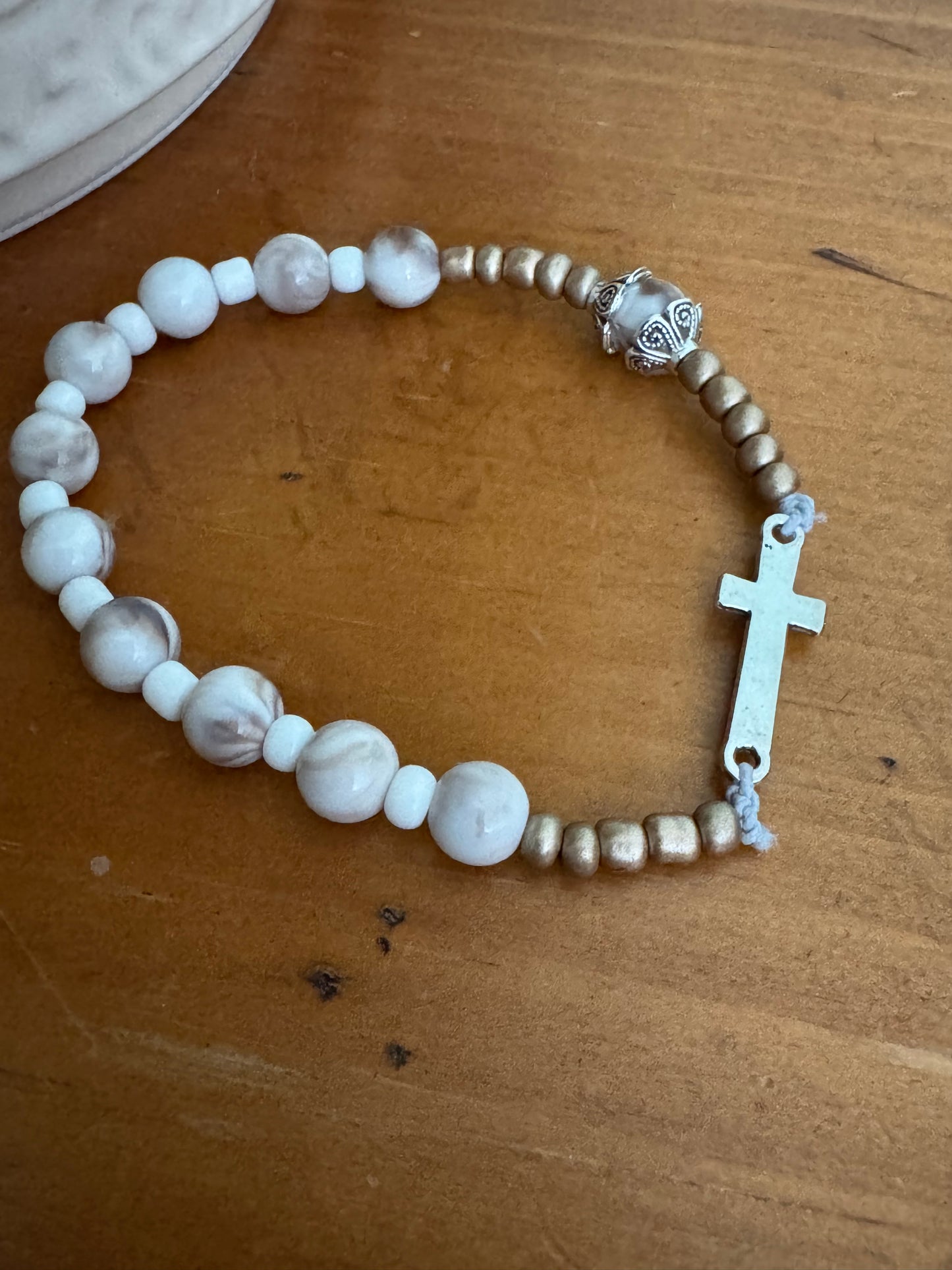 Handmade White Acrylic Rosary Bracelet with Gold Spacers & Silver Cross