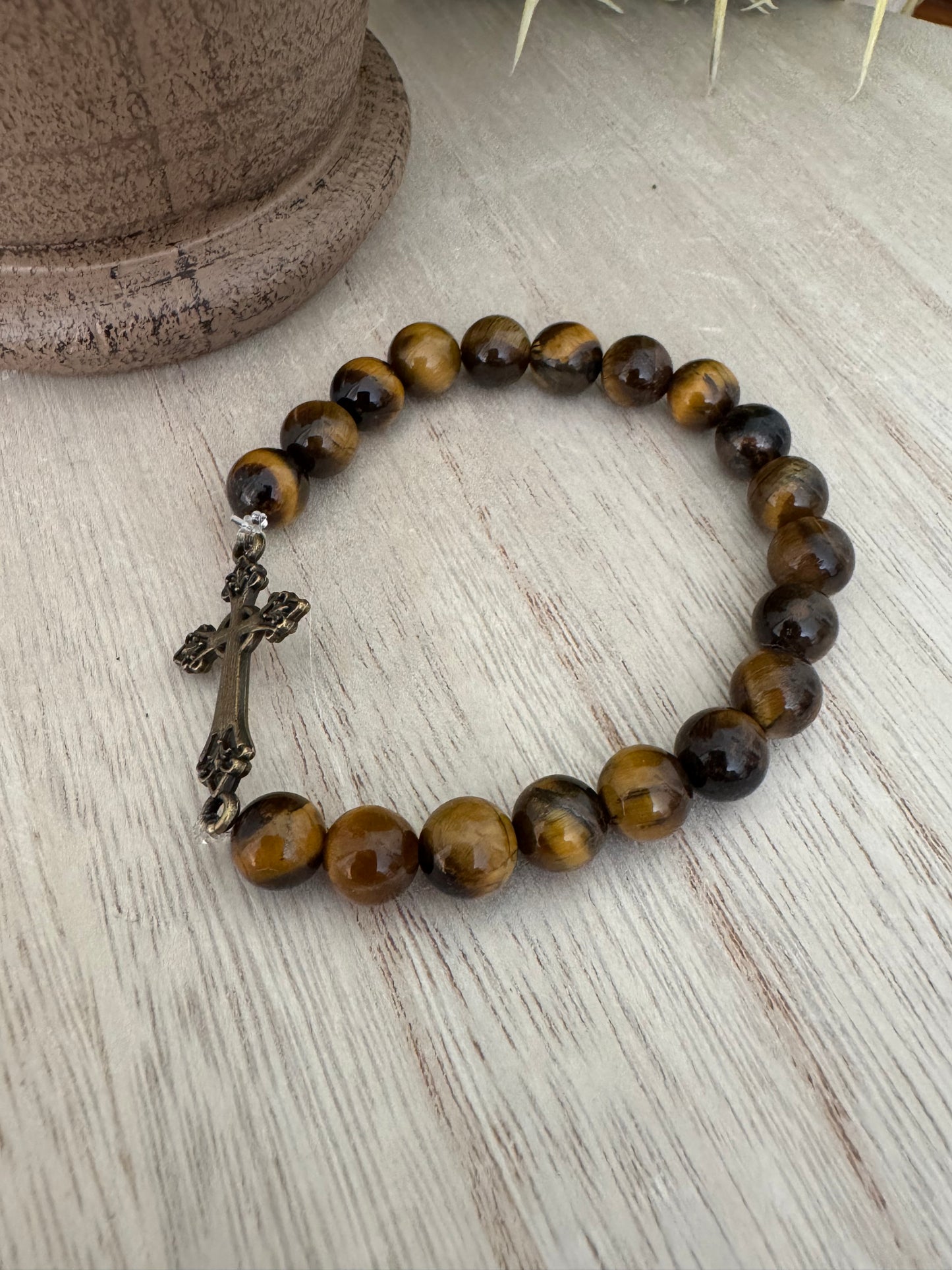 Brown Tiger Eye Beaded Bracelet with Bronze Cross