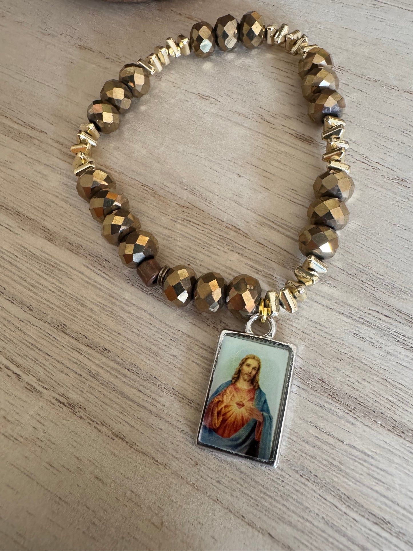 Gold Sparkly Bead Bracelet with Sacred Heart of Jesus Charm