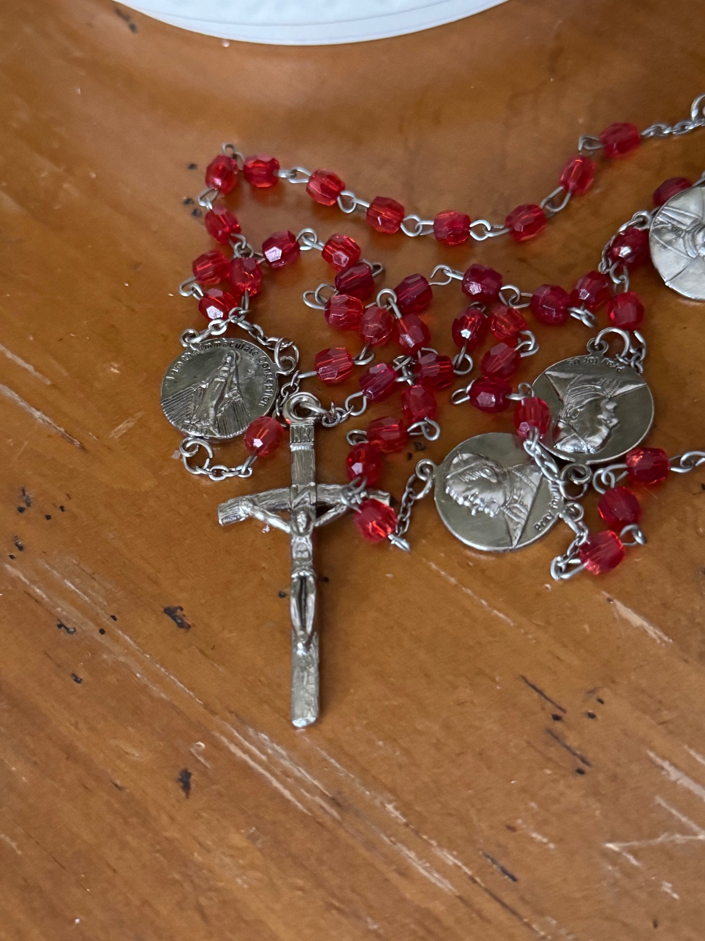 Red Plastic Bead Rosary with Pope John Paul II Centerpiece