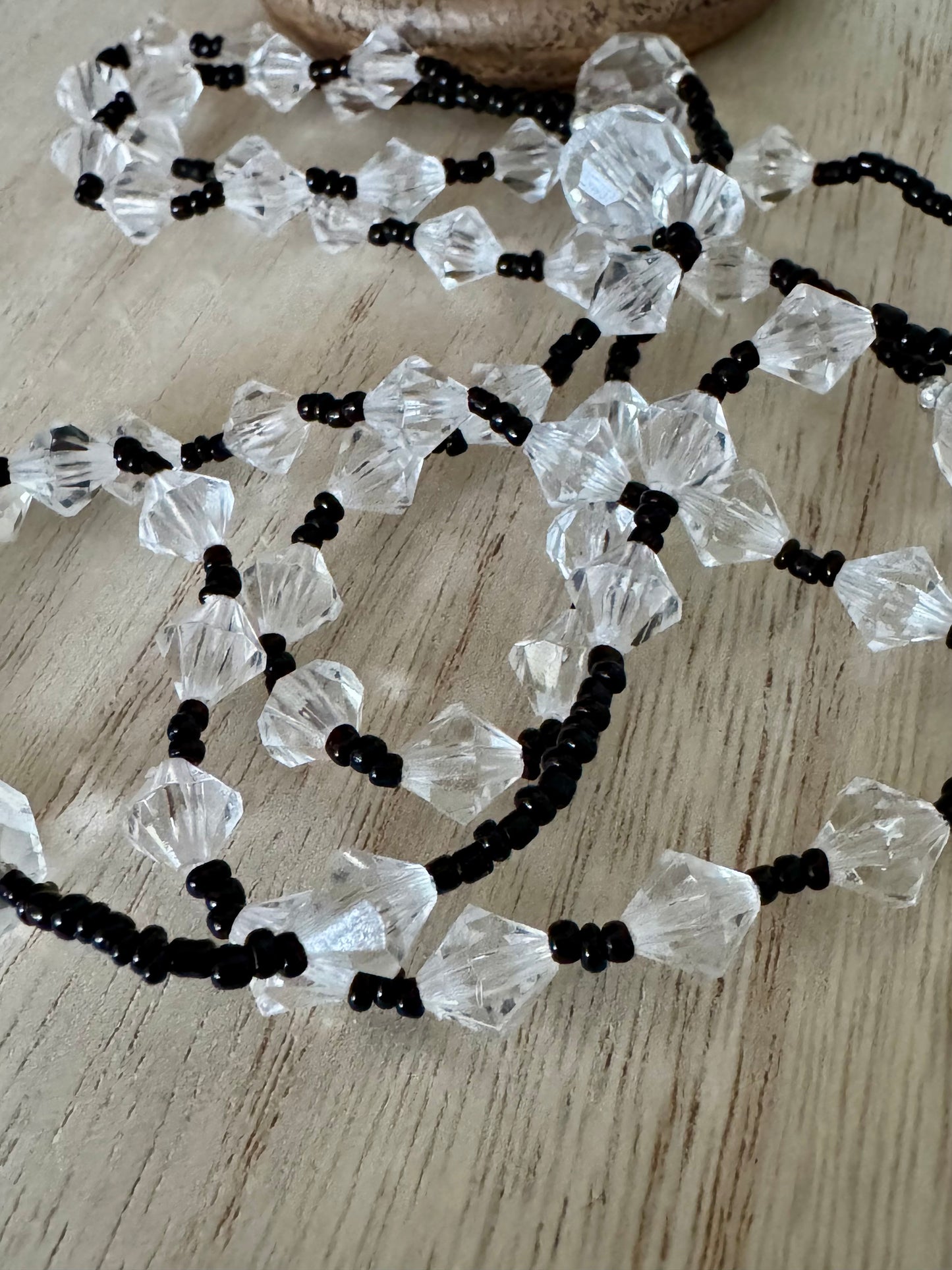 Handmade Black Seed Bead and Clear Crystal Rosary with Silver Accents