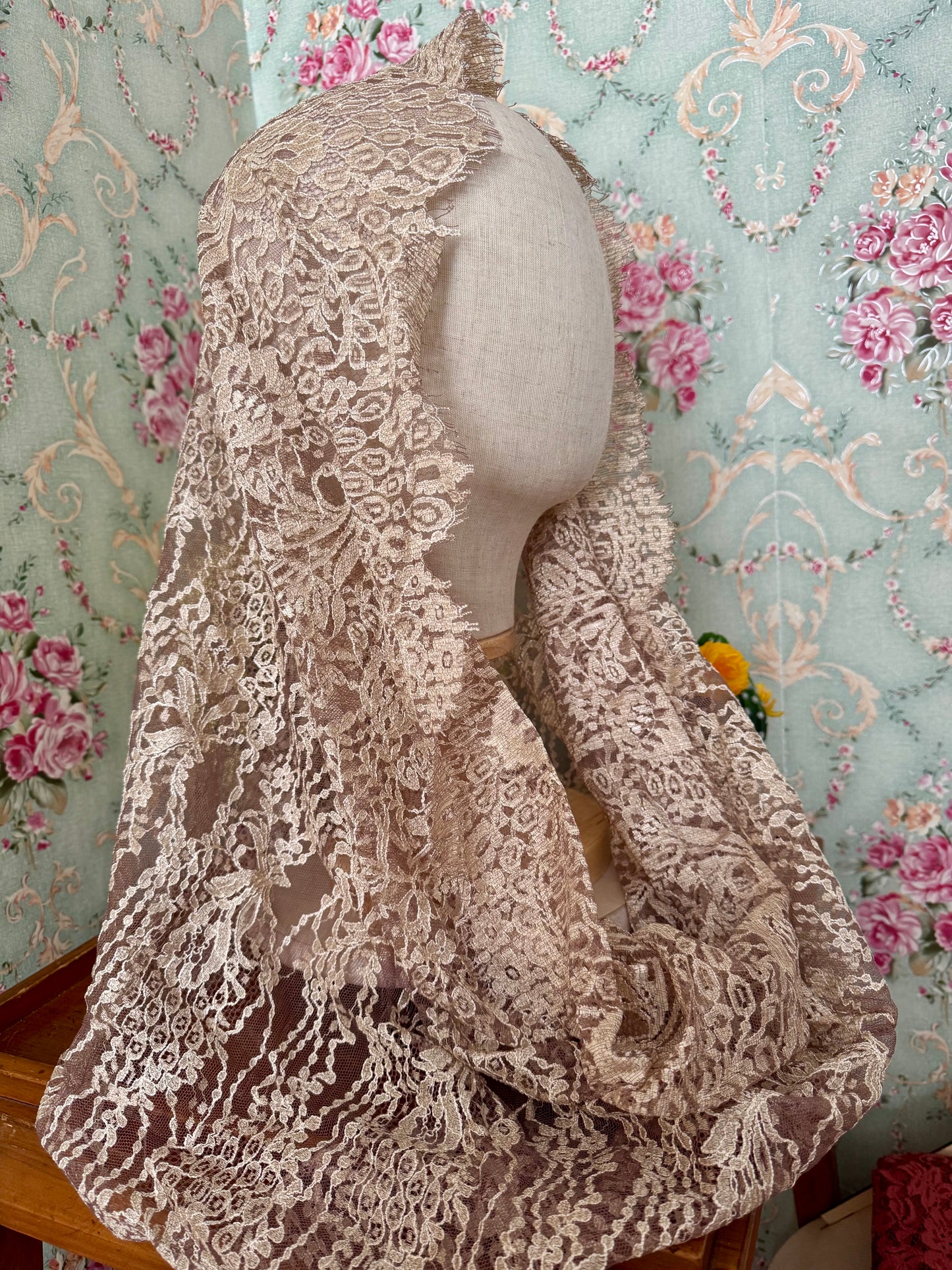 Natural Infinity Veil or Mantilla • Italian Floral Mesh Lace • Lightweight • No Clip