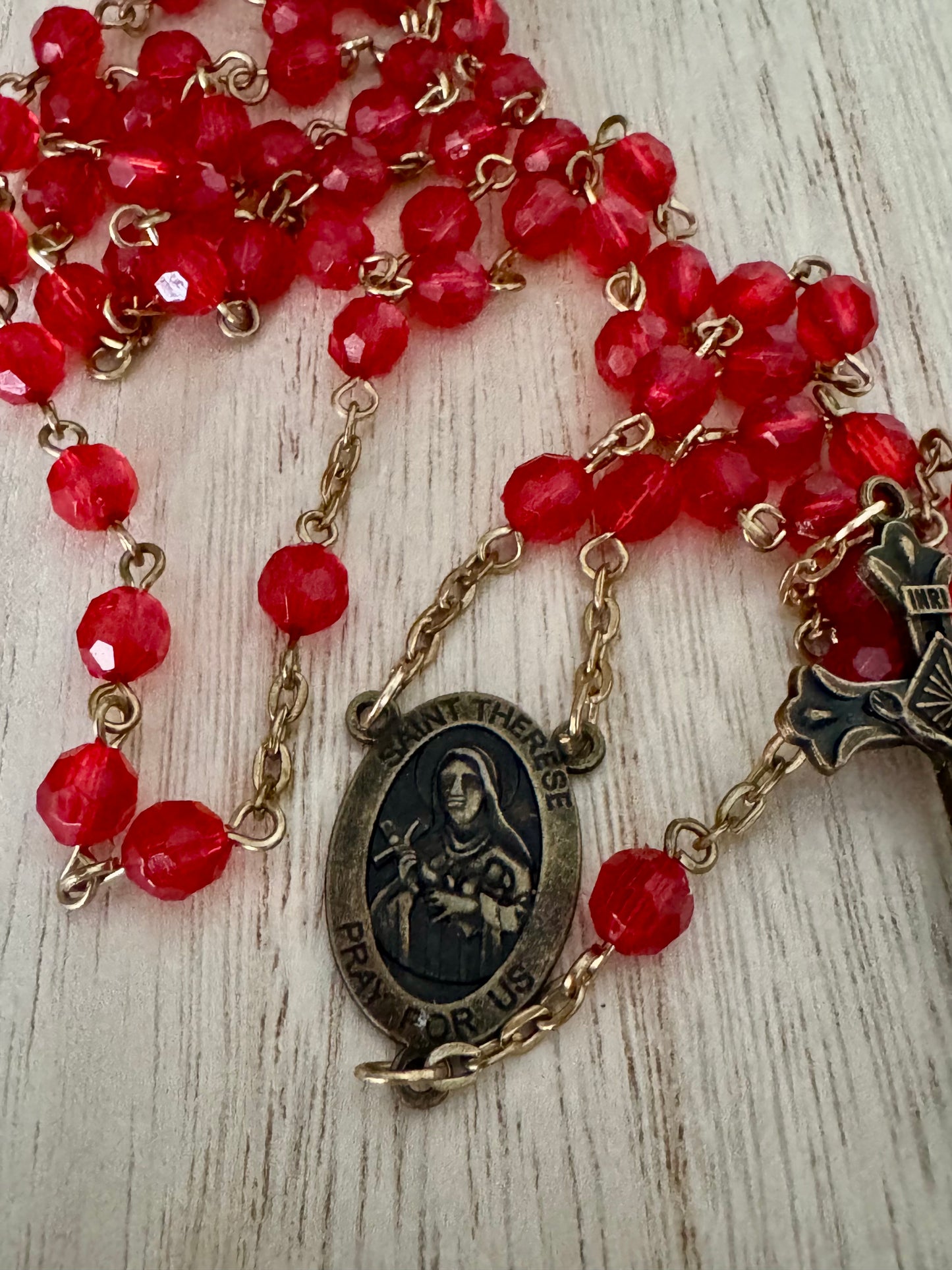 Red Plastic Bead Rosary with Gold-Bronze Accents – St. Therese of Lisieux – 21 Inches