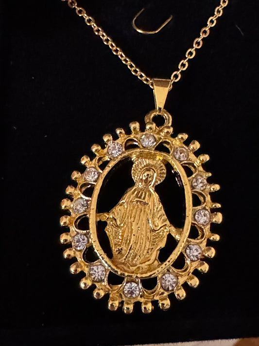 Gold Miraculous Medal Necklace with Crystals