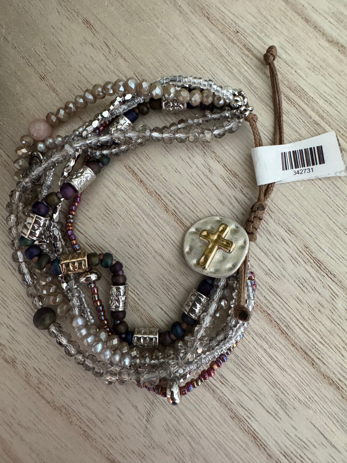 Adjustable Multi-Bead Layered Bracelet with Cross Charm