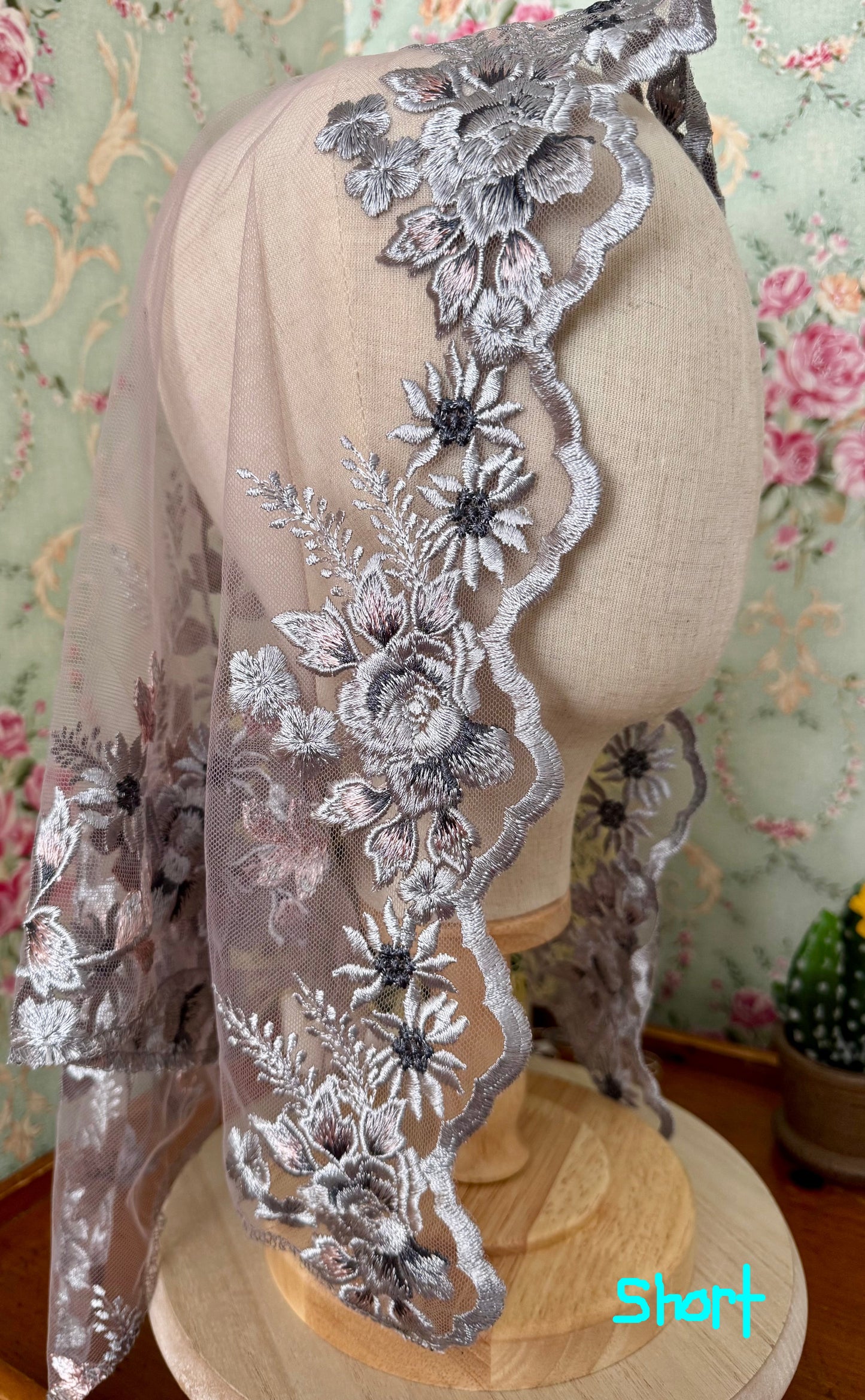 Mary’s Garden Mantilla • Limited Edition • Beautiful Blue & Pink Floral Embroidery • With Clips