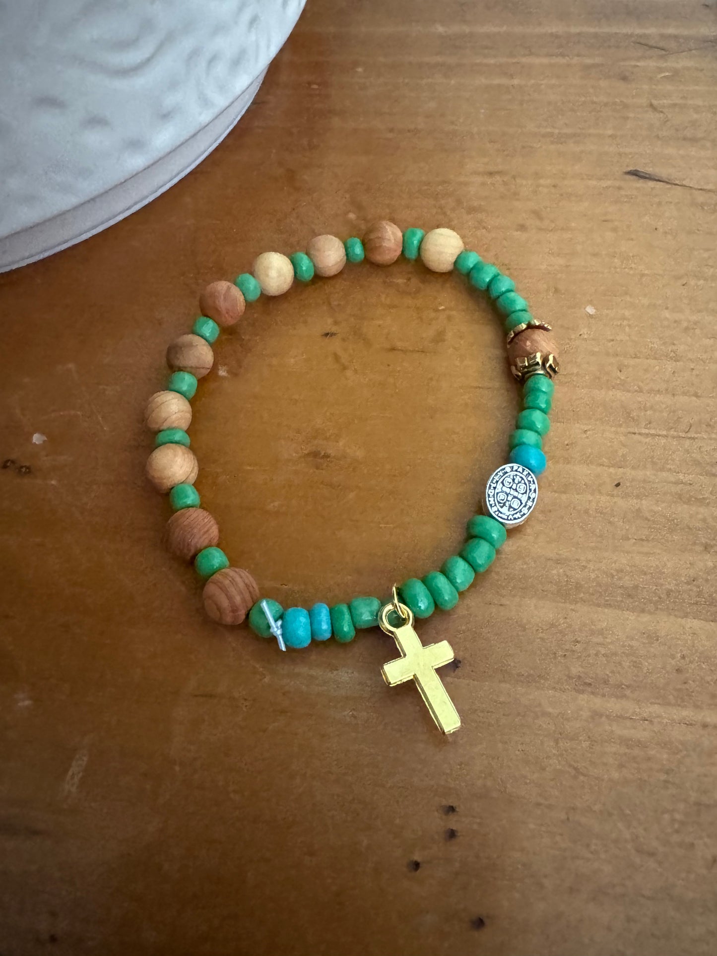 Handmade Light Wood Rosary Bracelet with Green Spacers & St. Benedict Medal