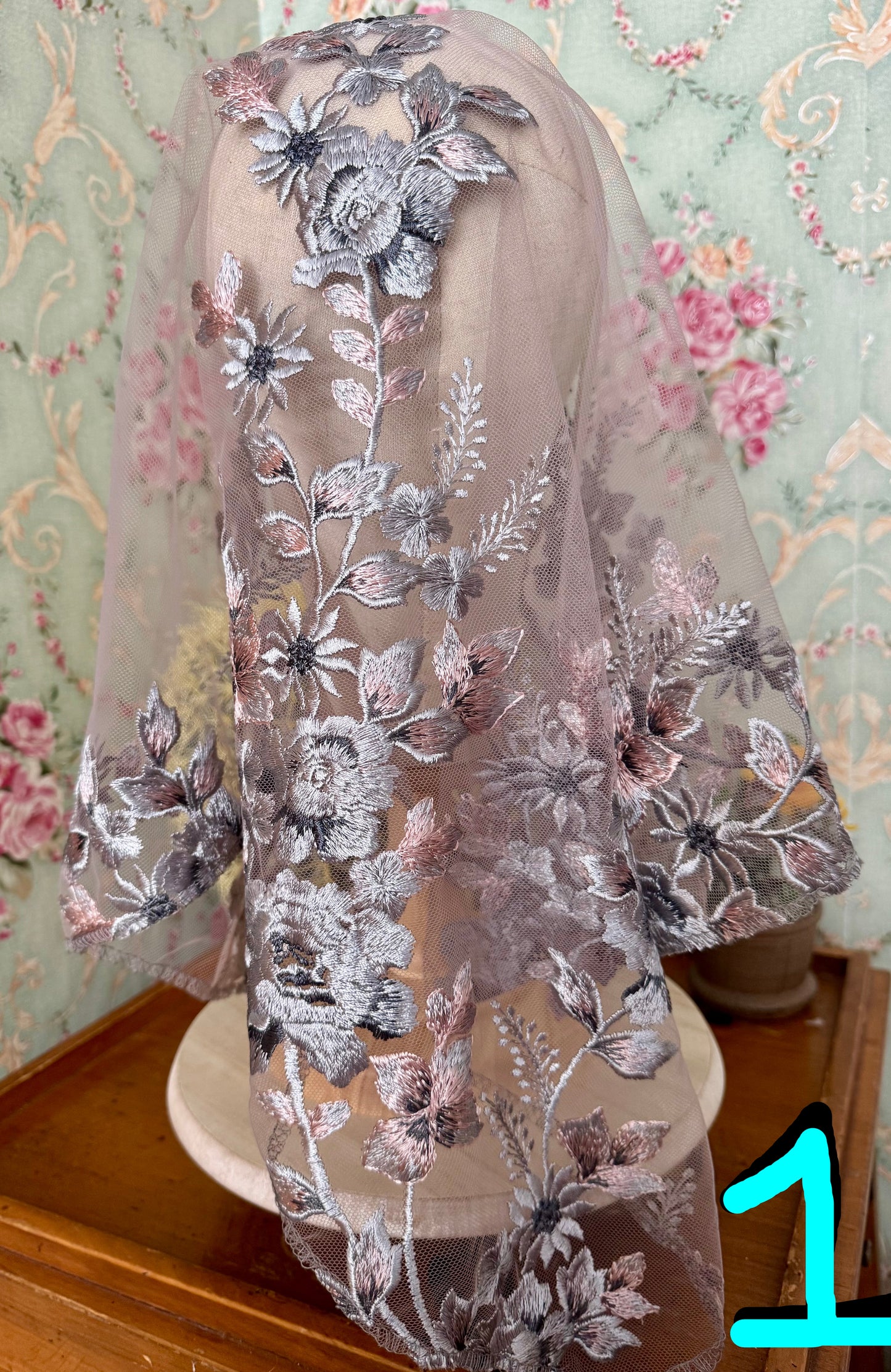 Mary’s Garden Mantilla • Limited Edition • Beautiful Blue & Pink Floral Embroidery • With Clips