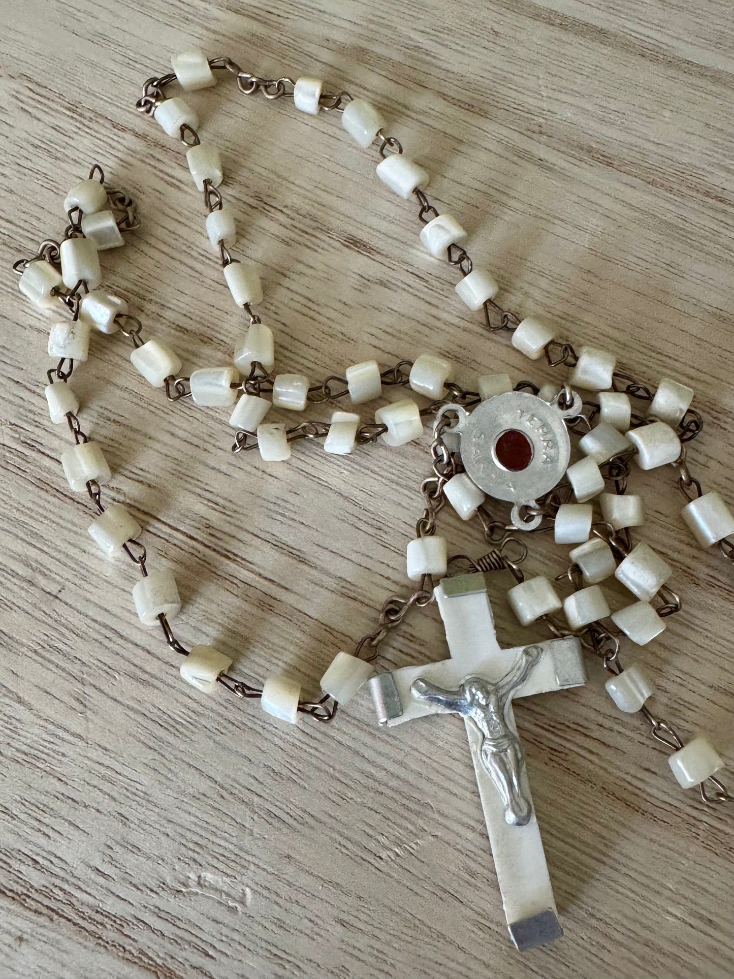 Vintage White Square Bead Rosary – Santa Terra Centerpiece