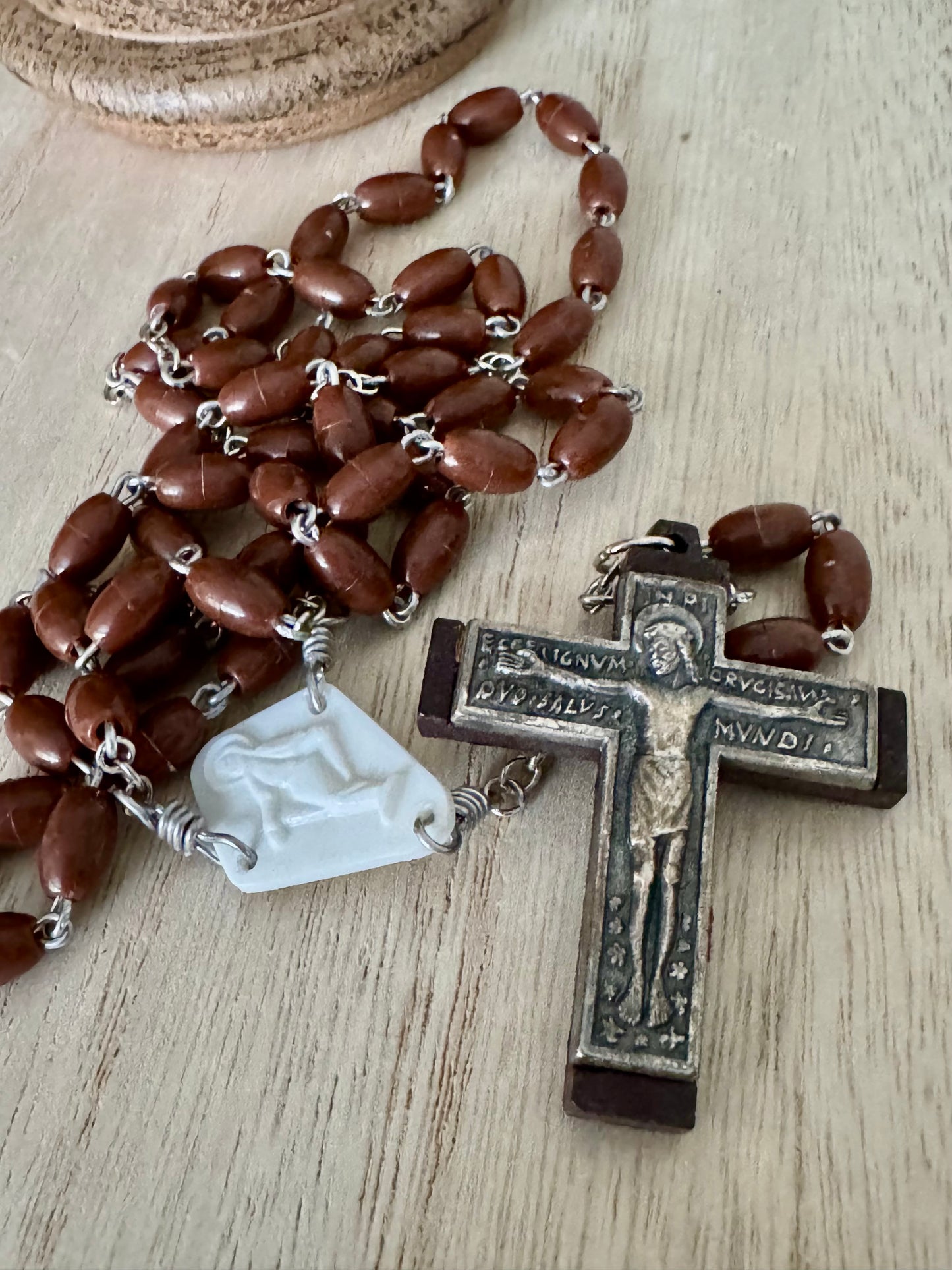 Brown Plastic Rosary with Fernand Py Crucifix – 22 Inches