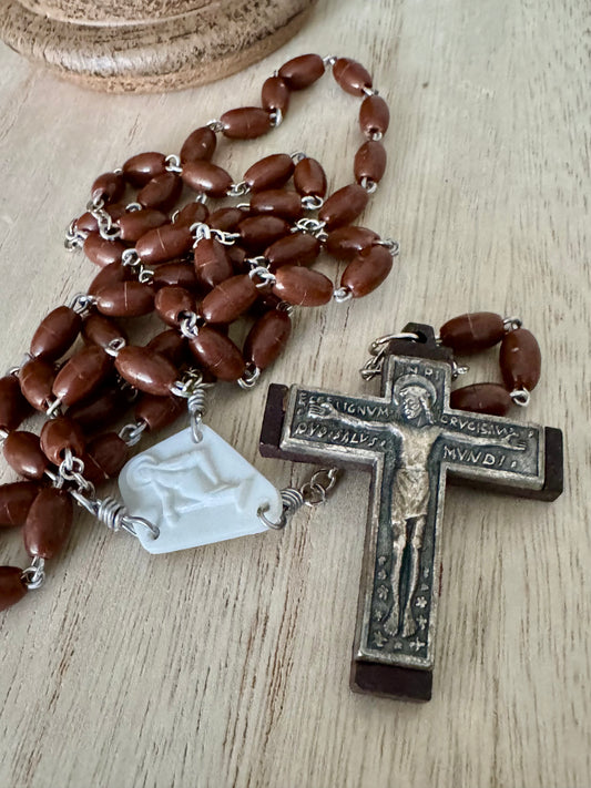 Brown Plastic Rosary with Fernand Py Crucifix – 22 Inches