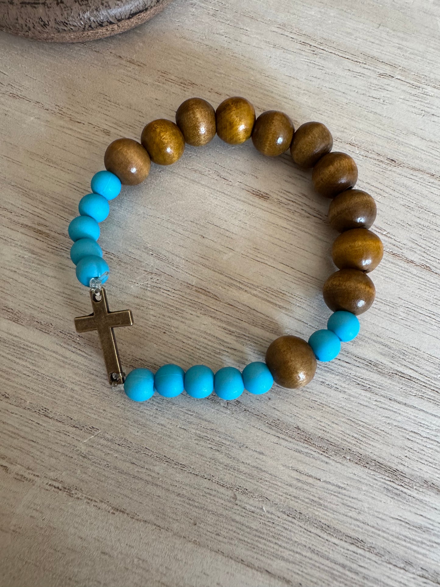 Dark Wood Rosary Bracelet with Teal Blue Accents and Bronze Cross