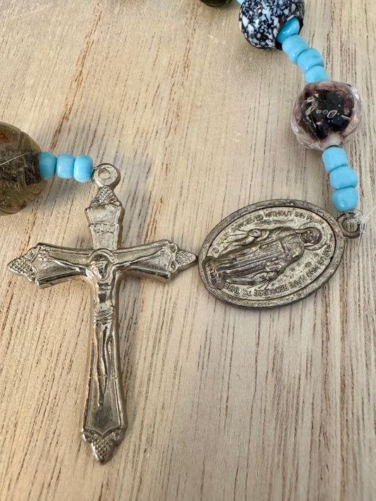 Handmade Single Decade Rosary – Silver Miraculous Medal & Crucifix, Unique Beads