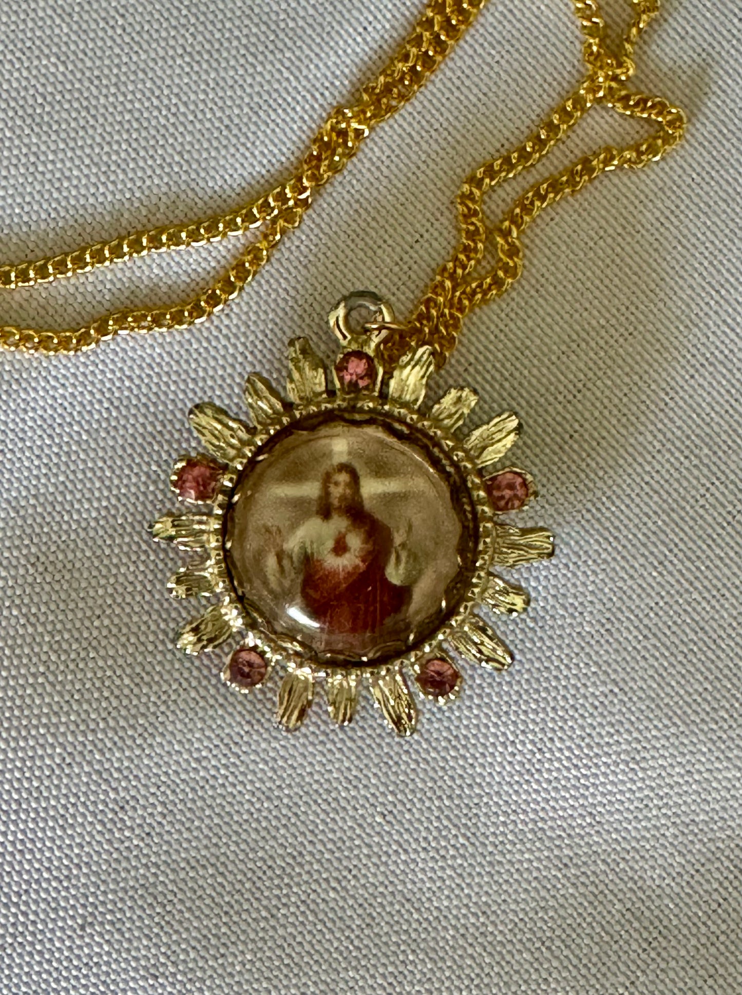 Vintage red and green Sacred Heart & Immaculate Heart Necklace