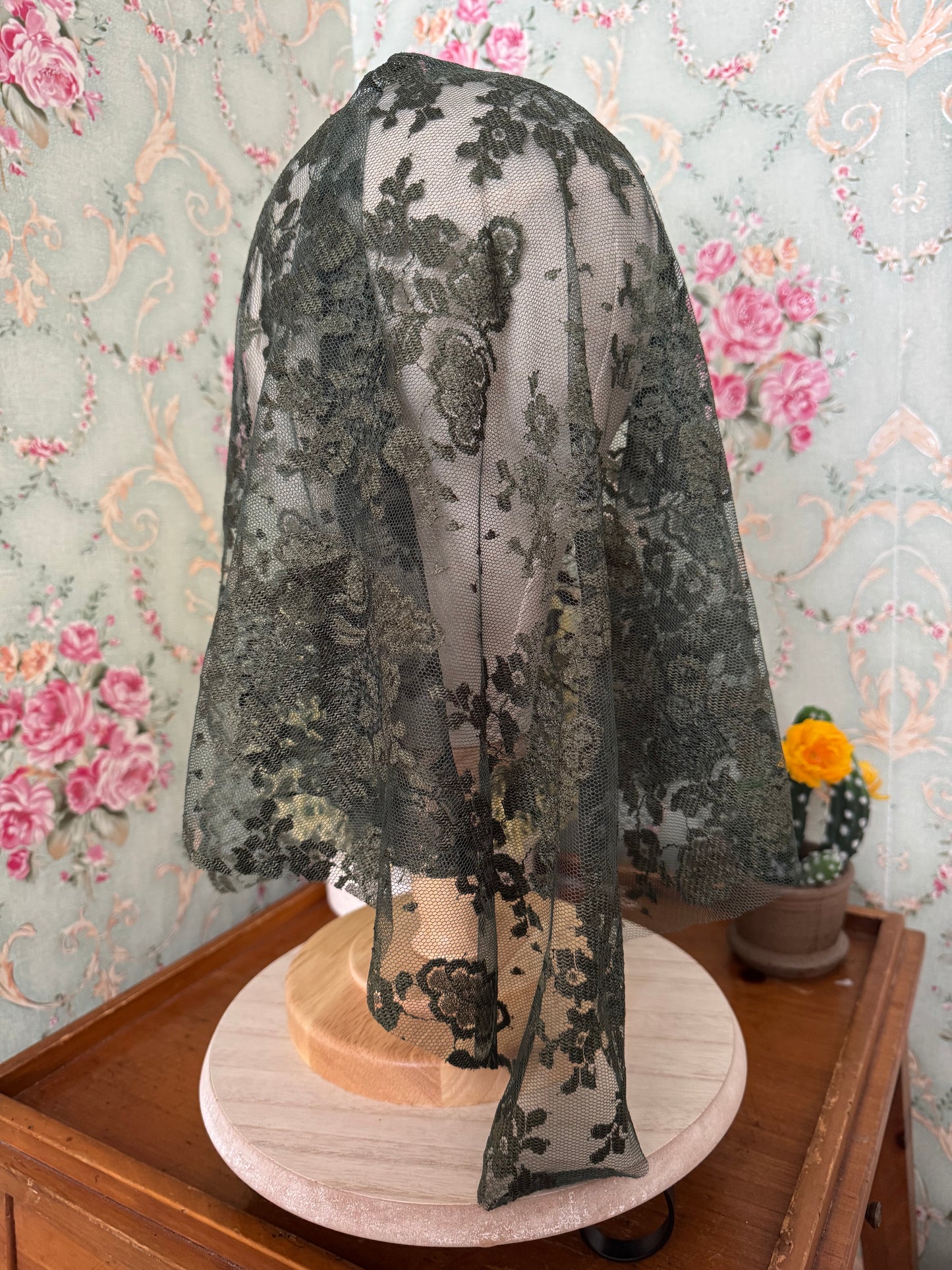 Green Olive Mantilla • Perfect for Ordinary Time or Christmas • Lace with Clip • 22" x 29"