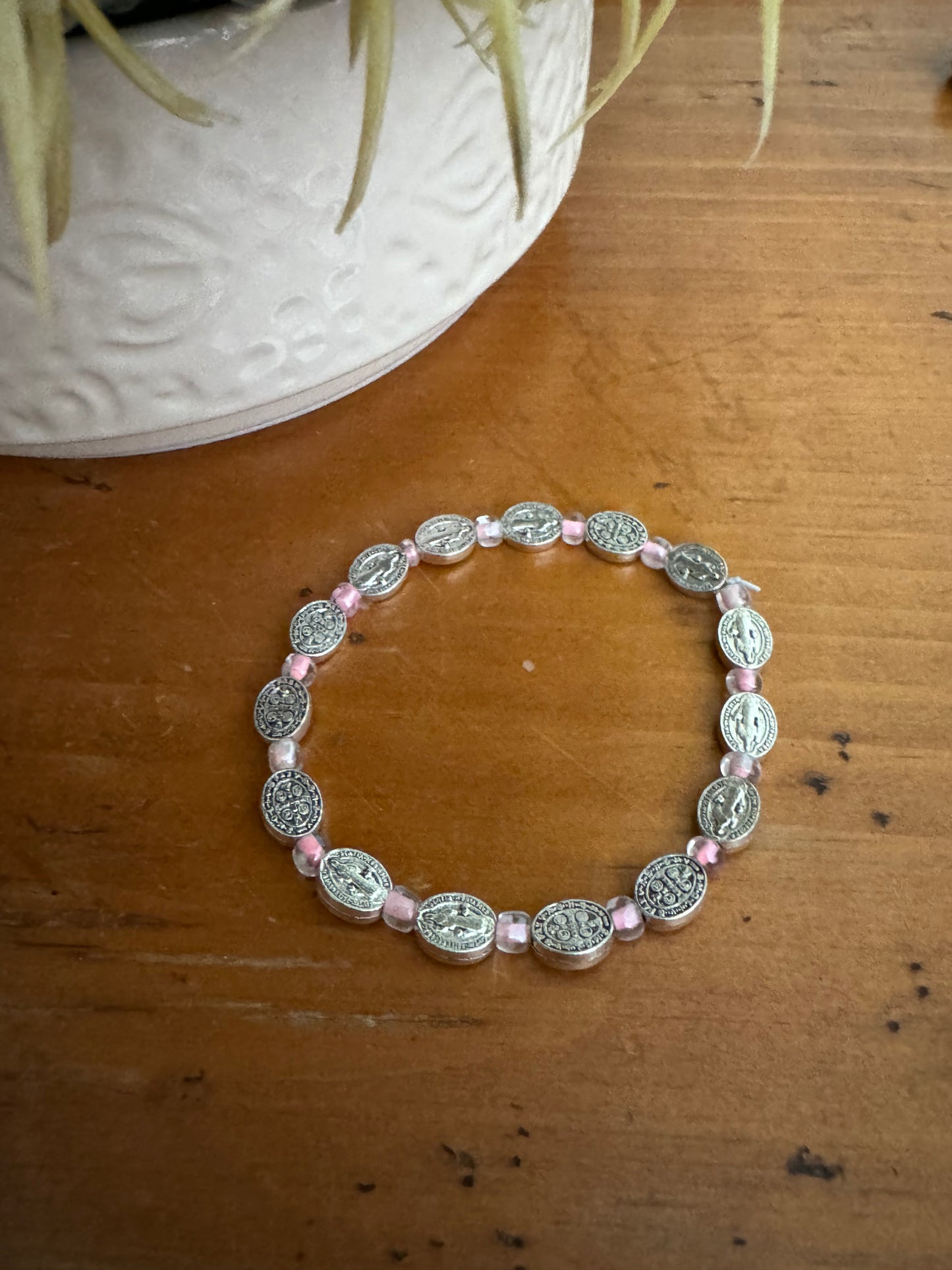 Handmade St. Benedict Bracelet with Pink Spacers & Medal Beads