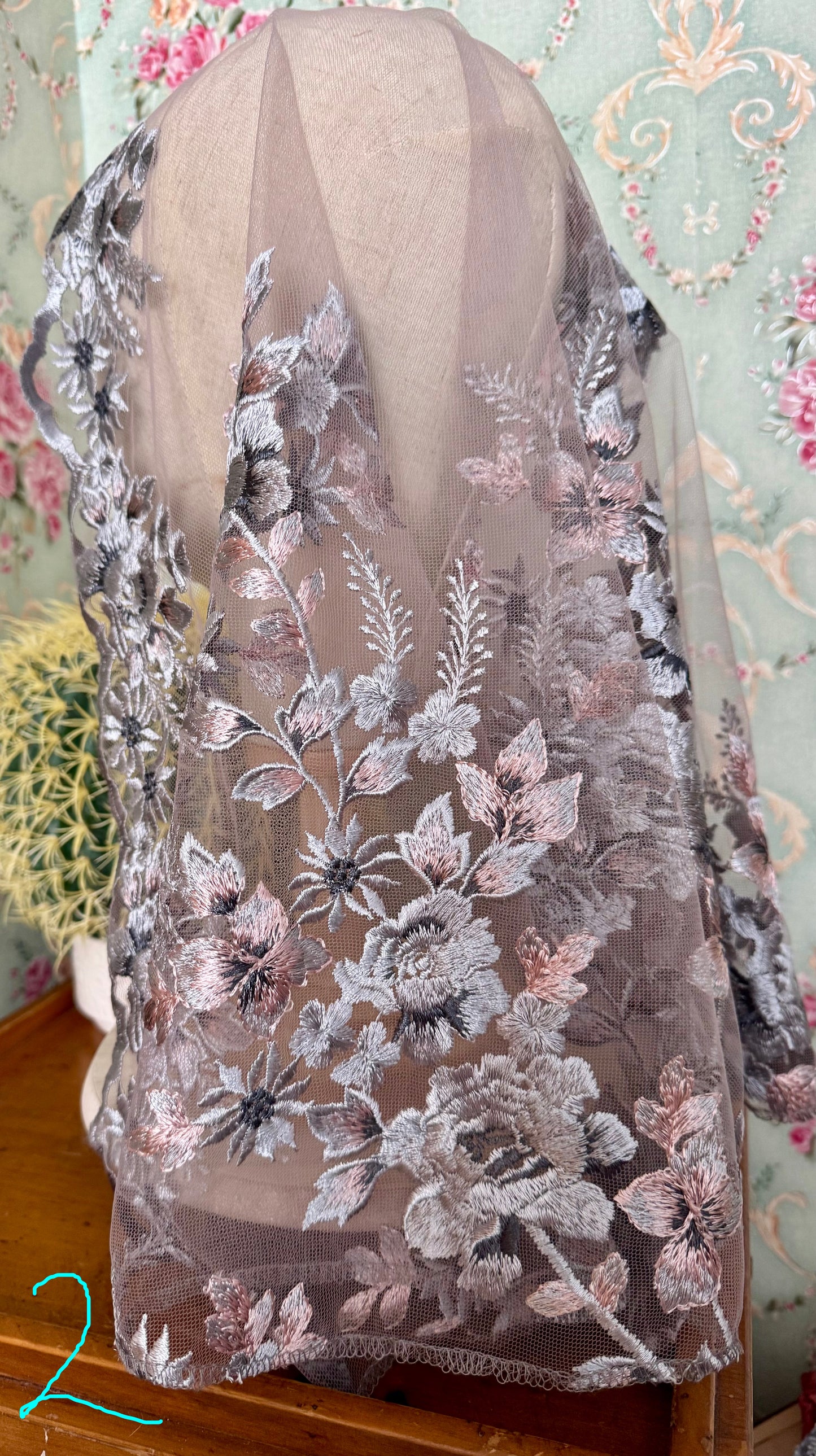 Mary’s Garden Mantilla • Limited Edition • Beautiful Blue & Pink Floral Embroidery • With Clips