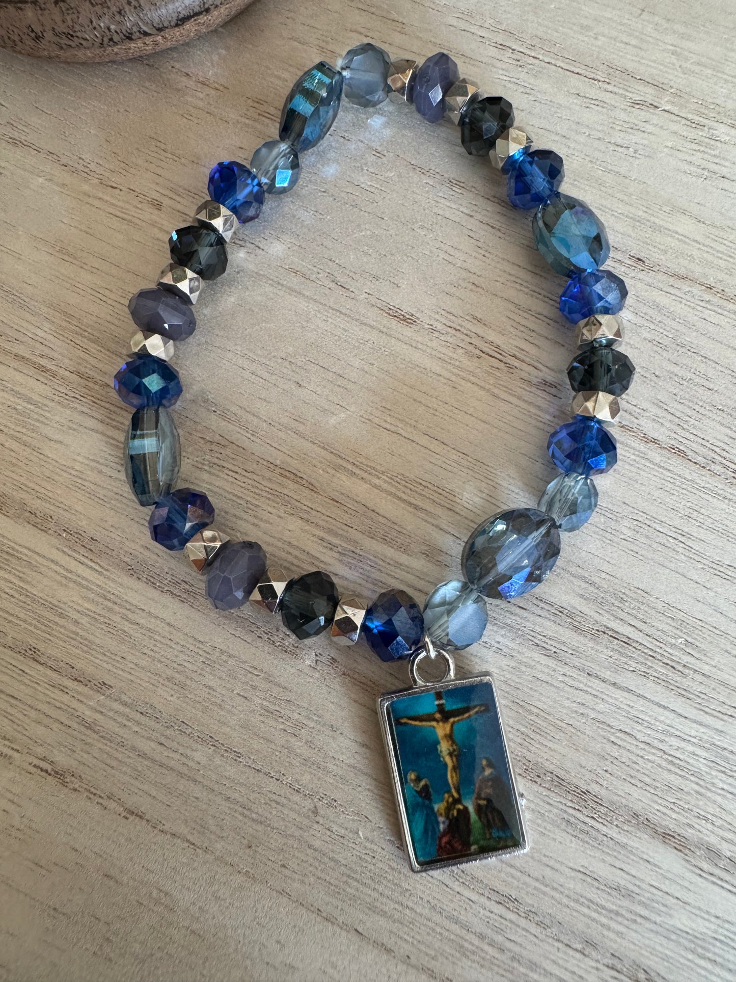 Blue & Silver Sparkly Crucifix Charm Bracelet