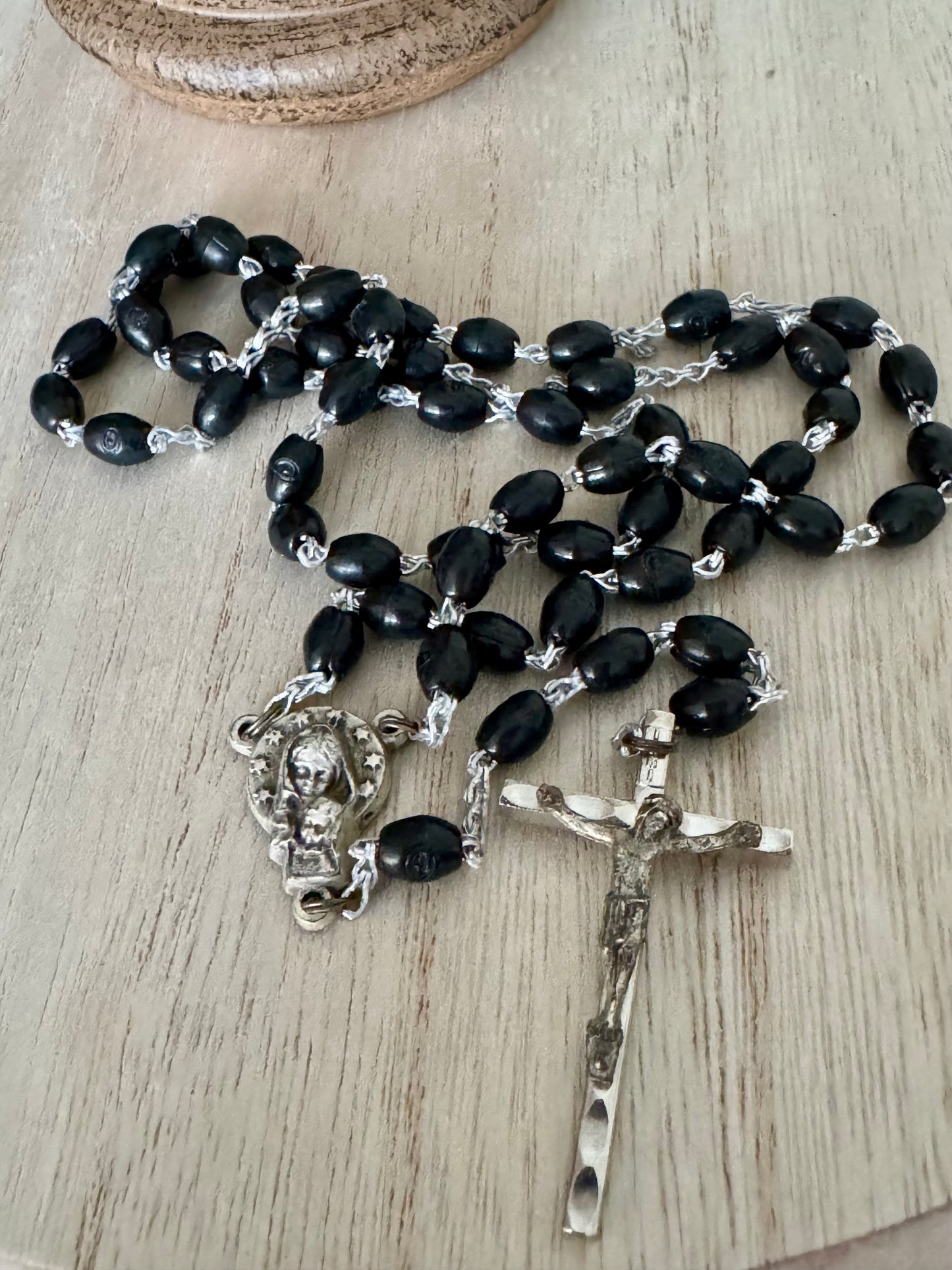 Vintage Black and Silver Rosary – Made in Italy – 17.5 Inches