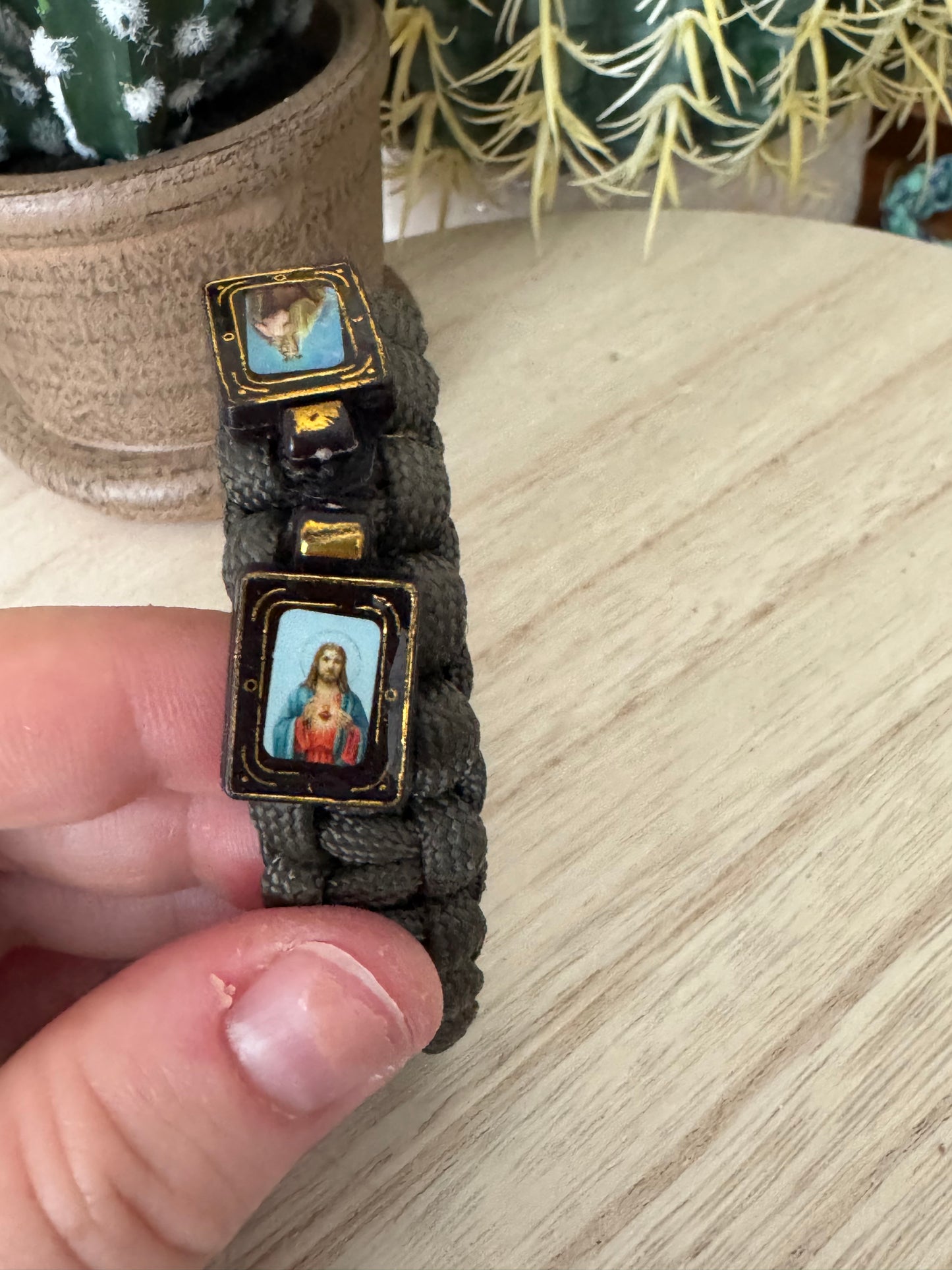 Handmade Dark Green Paracord Bracelet with Sacred Heart & Mother Mary Medals – 9"