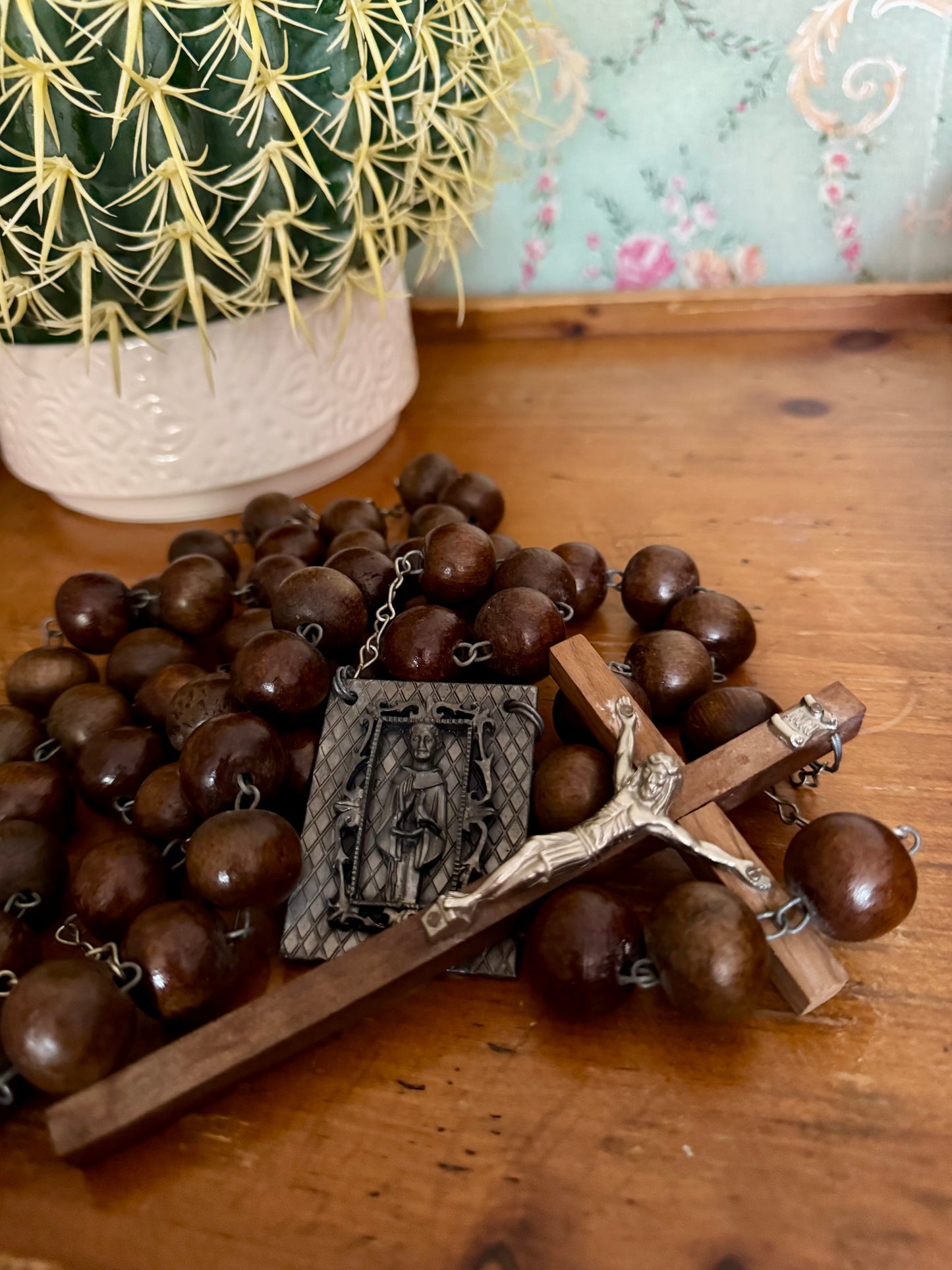 Vintage Wooden Wall Rosary – Large 52 Inch Rosary