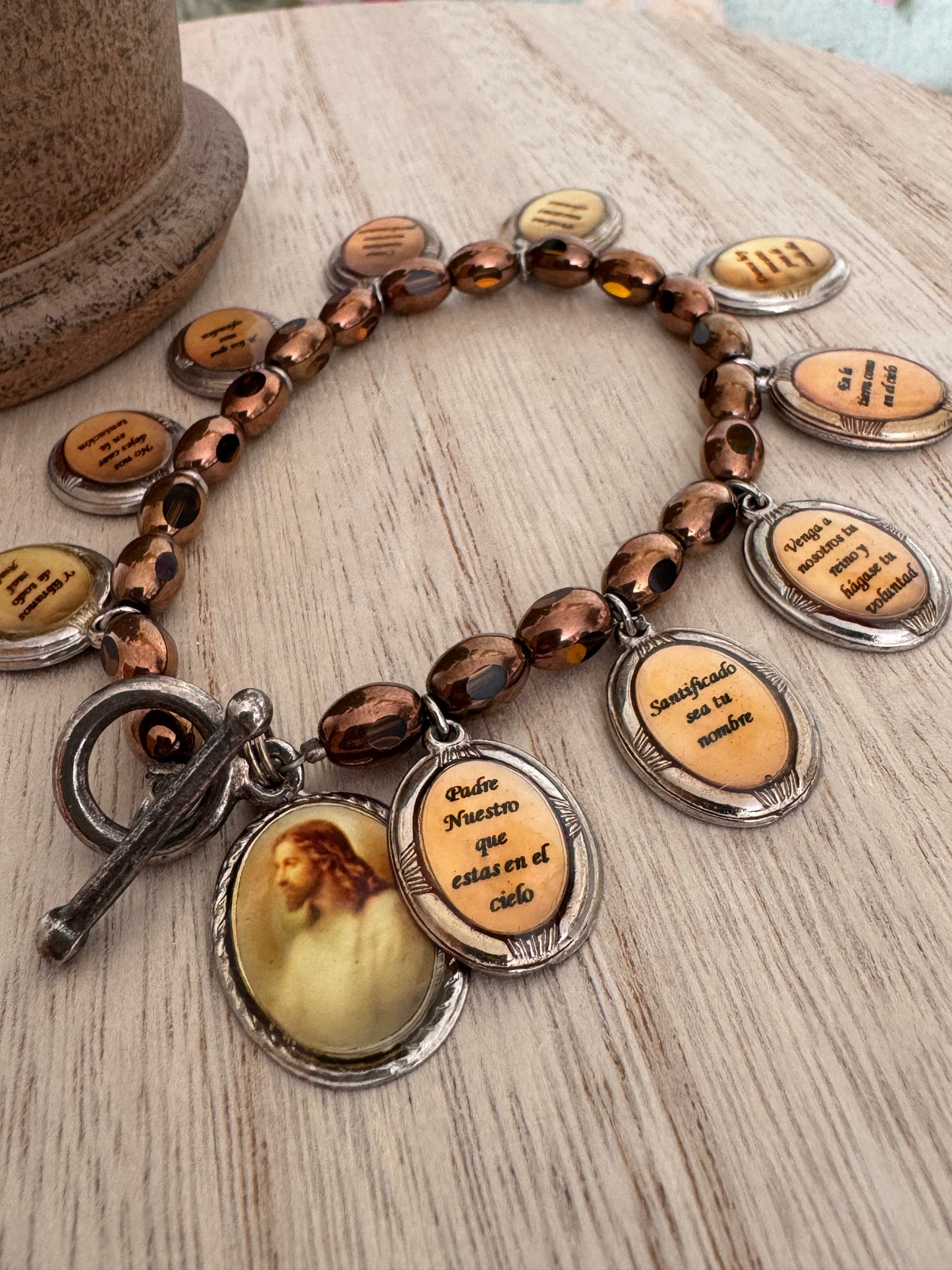 Handmade Vintage Charm Bracelet – Gold Oval Beads – Jesus & “Padre Nuestro” Prayer Charms (Spanish)