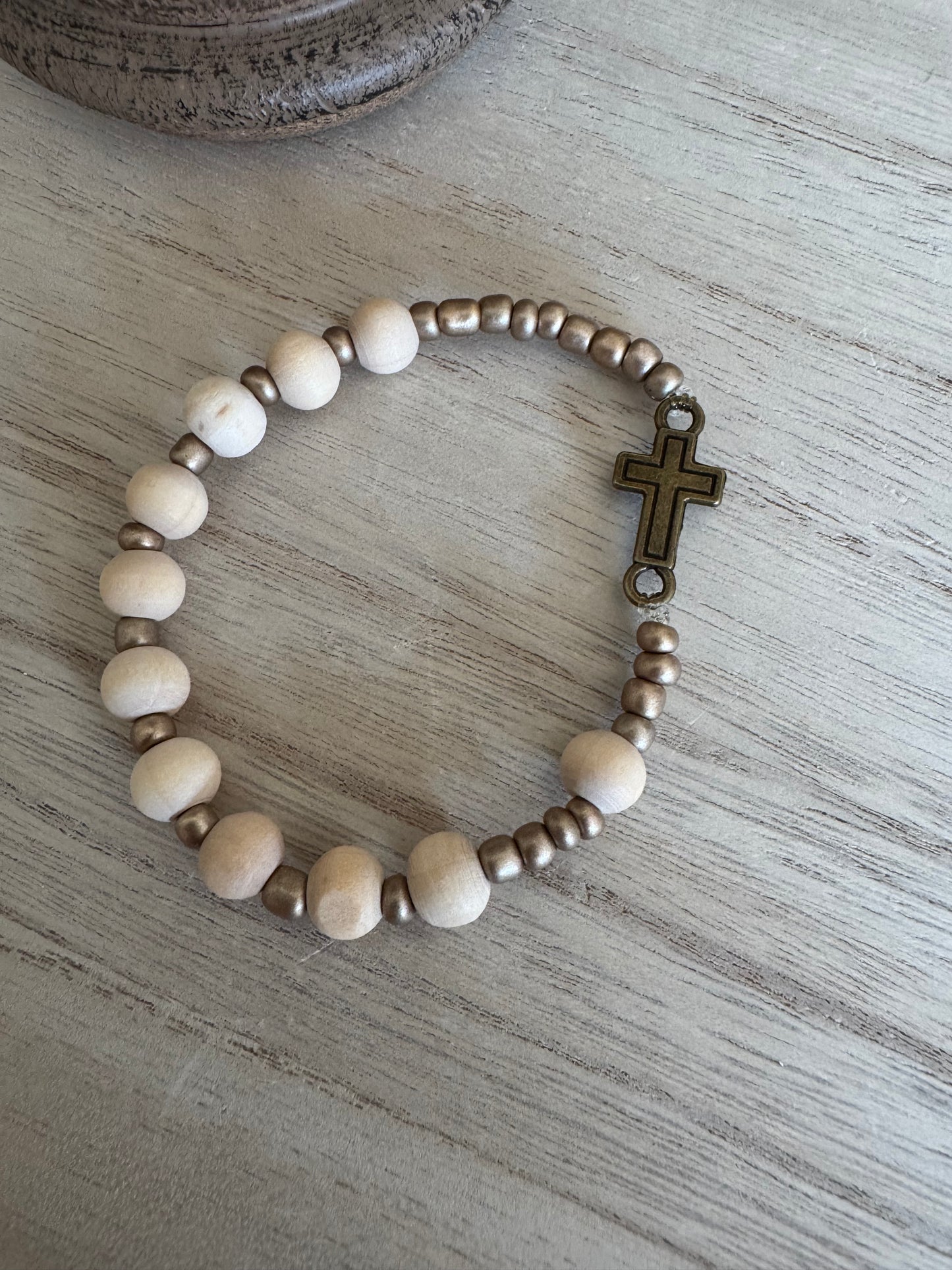 Light Wood Rosary Bracelet with Gold Seed Bead Accents and Small Bronze Cross