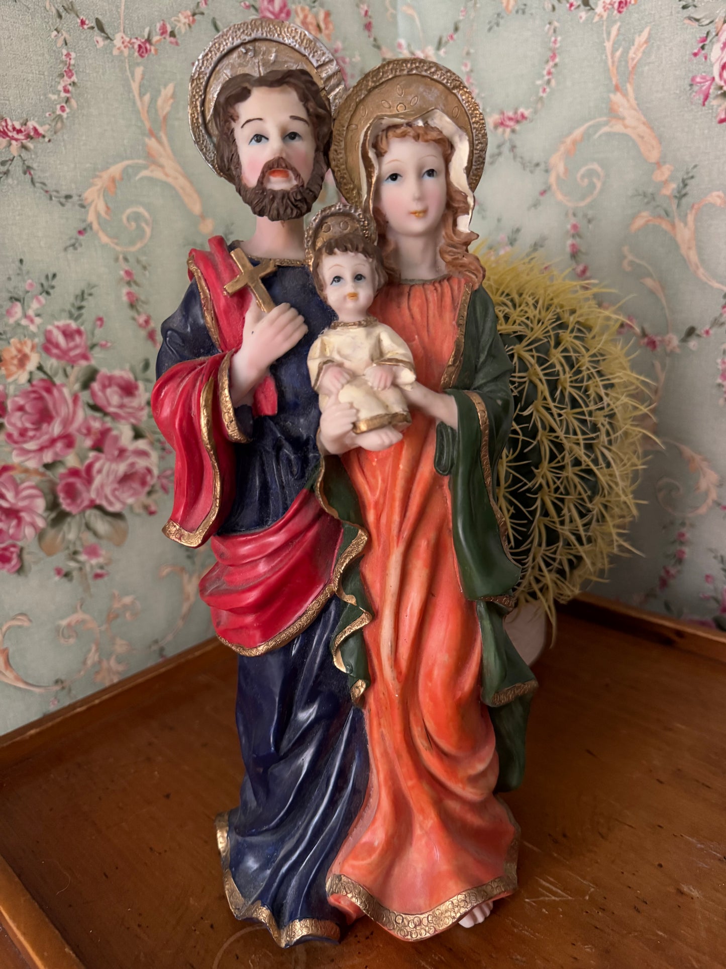 Vintage Hand-Painted Holy Family Resin Statue
