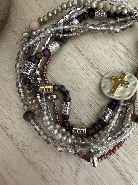 Adjustable Multi-Bead Layered Bracelet with Cross Charm