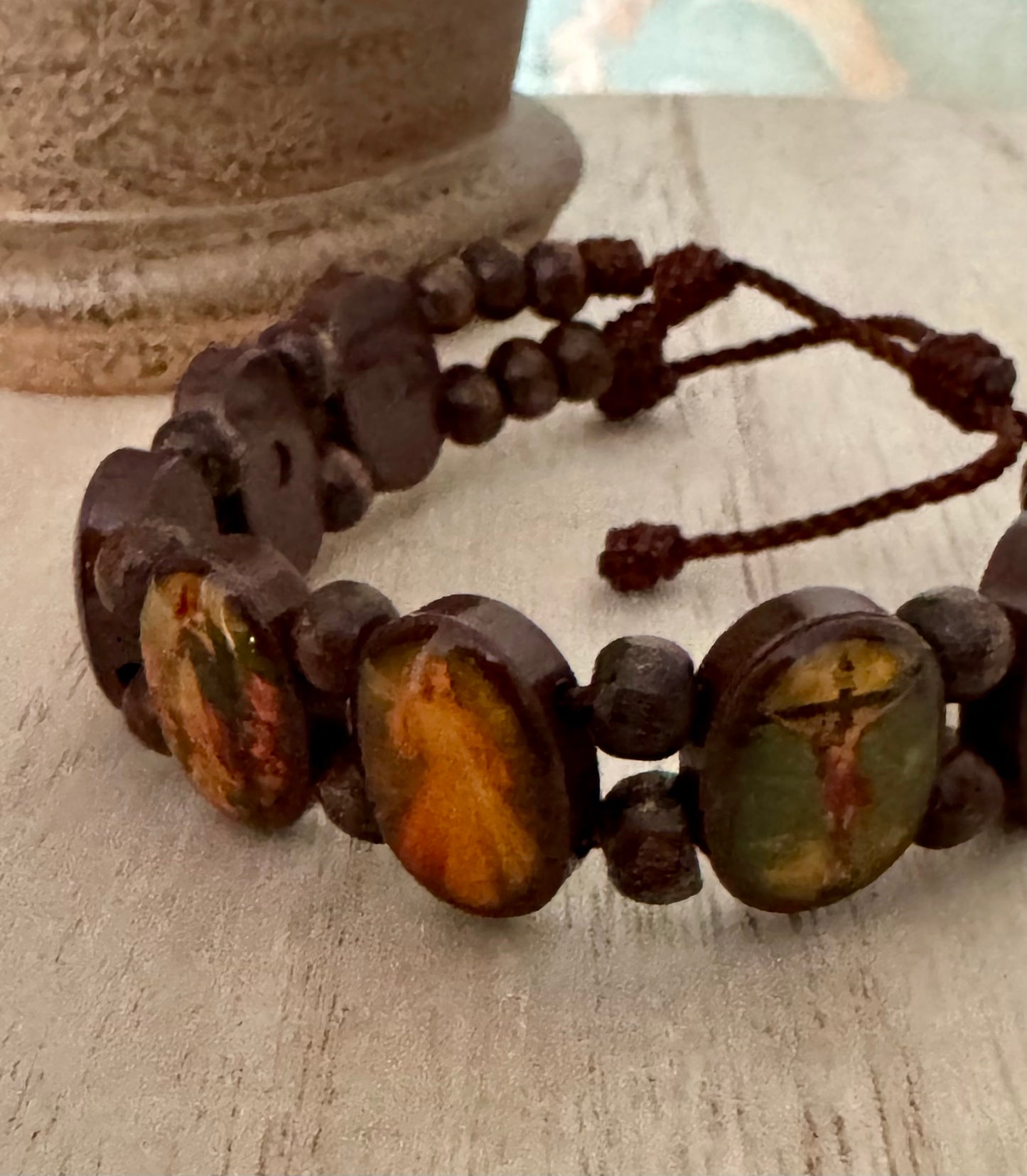 Adjustable Brown Holy Images Bracelet – Plastic & Wood Beads, Vintage Tone