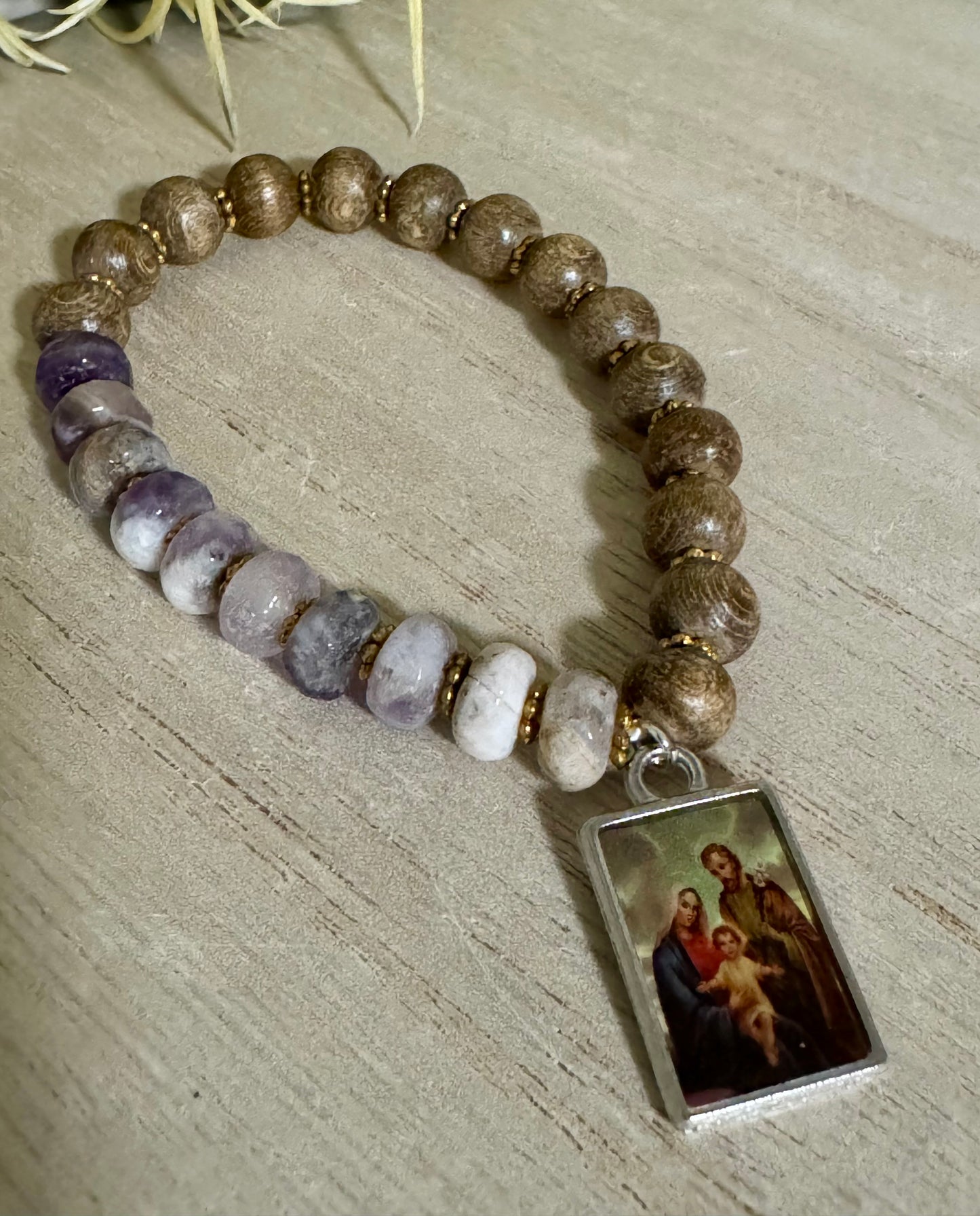 Purple & Wood Holy Family Bracelet