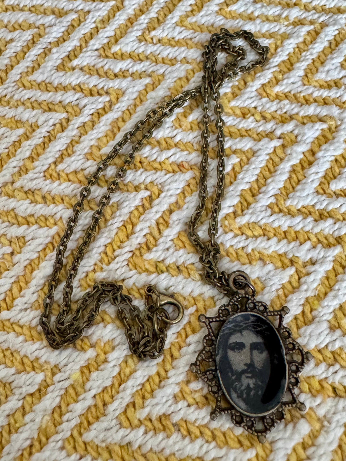 20” Vintage Bronze Catholic Sacred Jesus Portrait Necklace