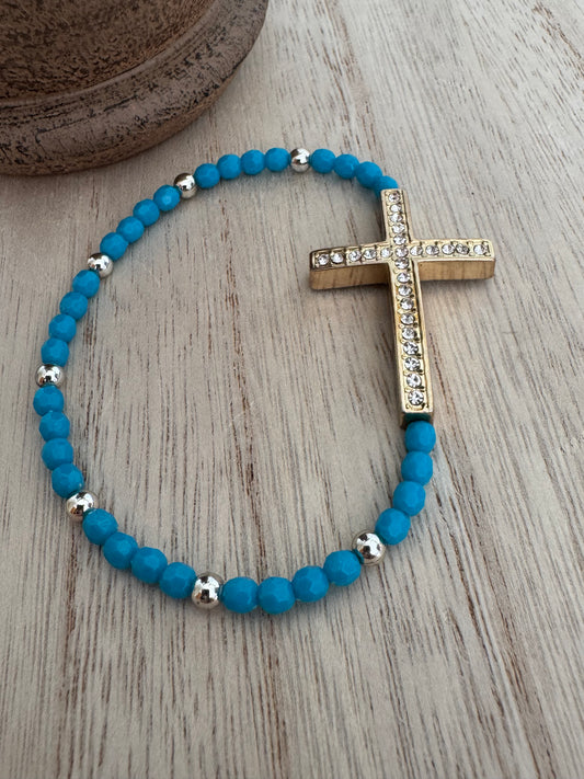 Bright Blue Stretch Bracelet – Seed Beads with Gold Cross & Rhinestone Accents – Catholic Jewelry
