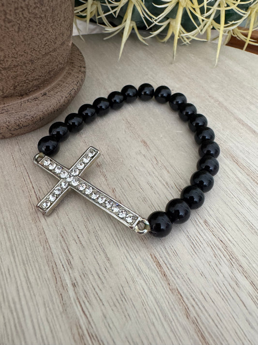 Black Stretch Bracelet with Vintage Rhinestone Cross