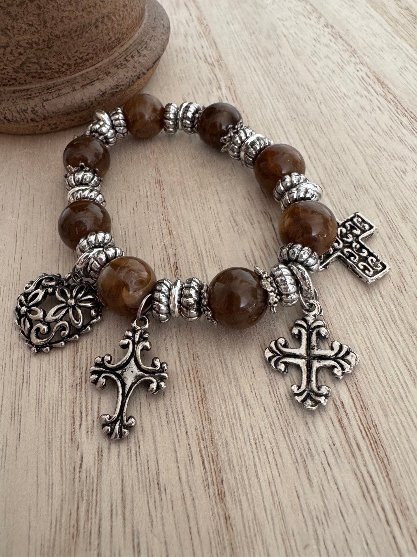 Stretch Charm Bracelet – Orange Amber-Color 10mm Beads – Silver-Tone Cross & Heart