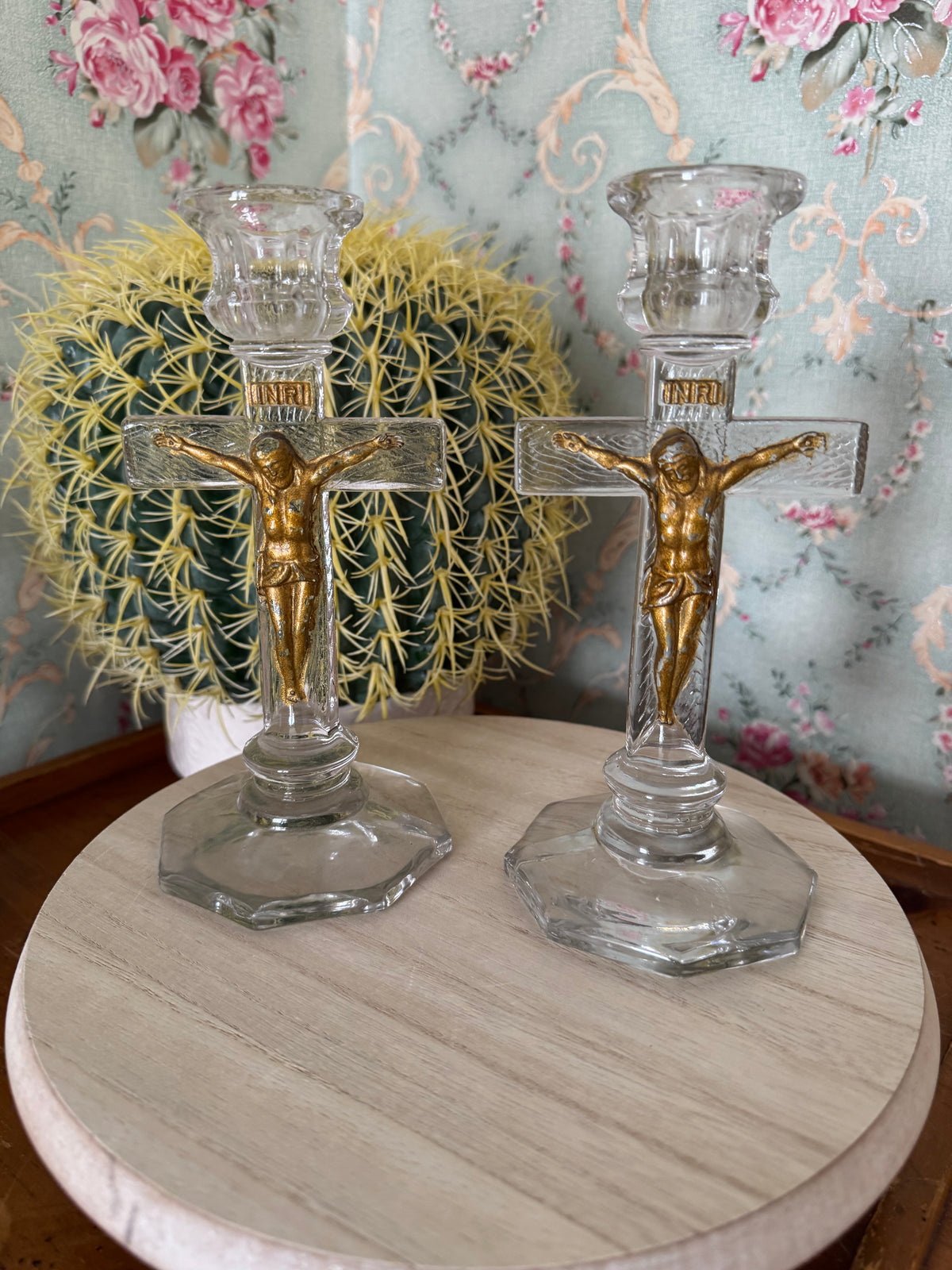 Vintage Glass Crucifixion Candlesticks, Pair, 7.25"