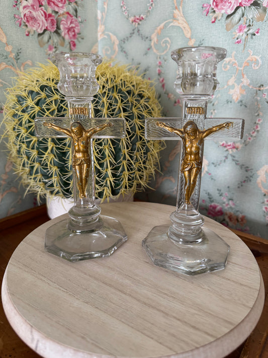 Vintage Glass Crucifixion Candlesticks, Pair, 7.25"