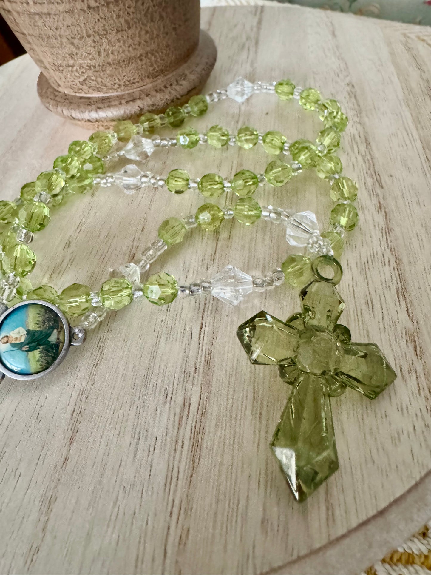 Handmade Green Crystal-Like Bead Rosary with St. Jude Center – 18 Inches