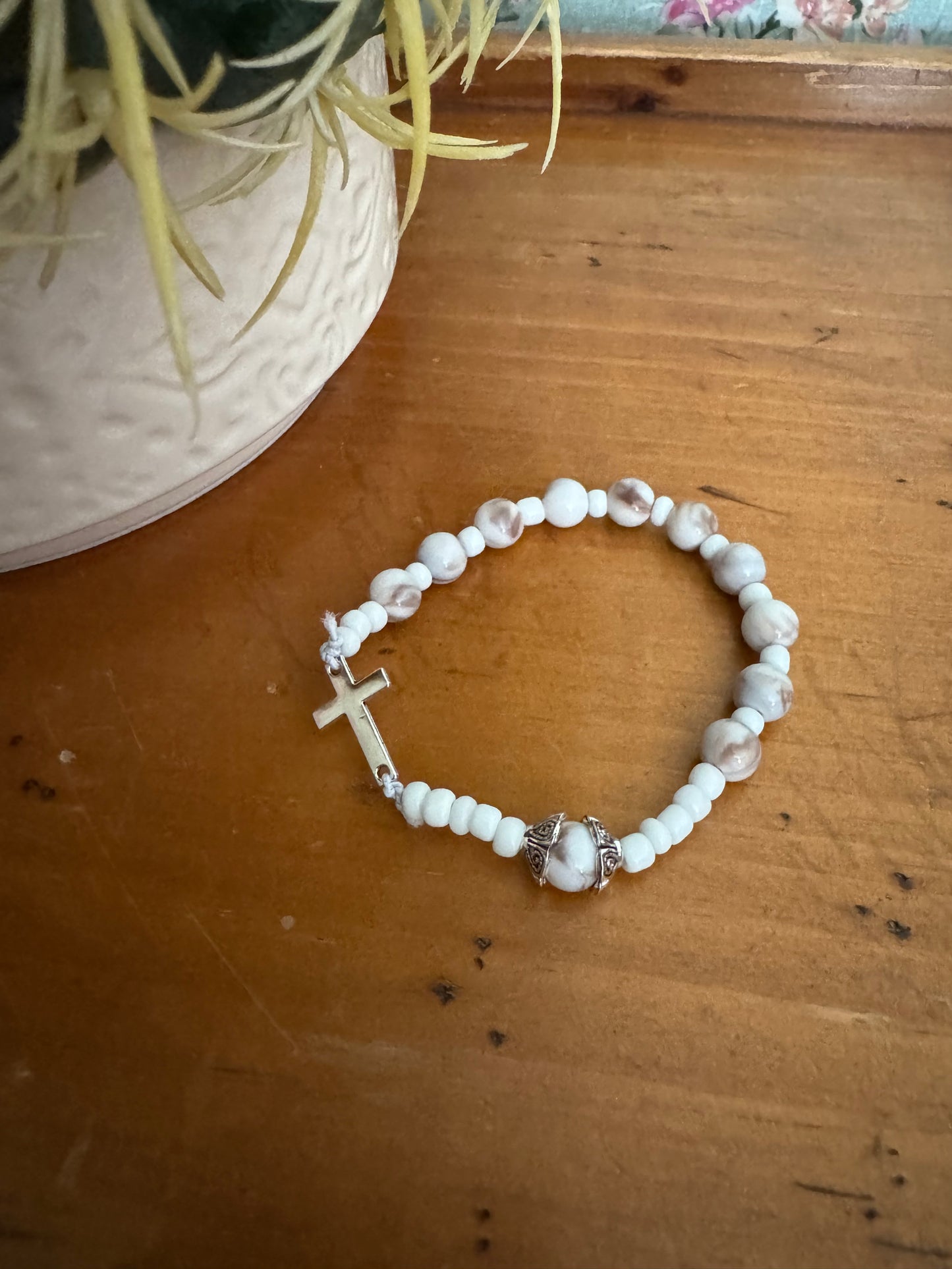 Handmade White Acrylic Rosary Bracelet with Silver Cross
