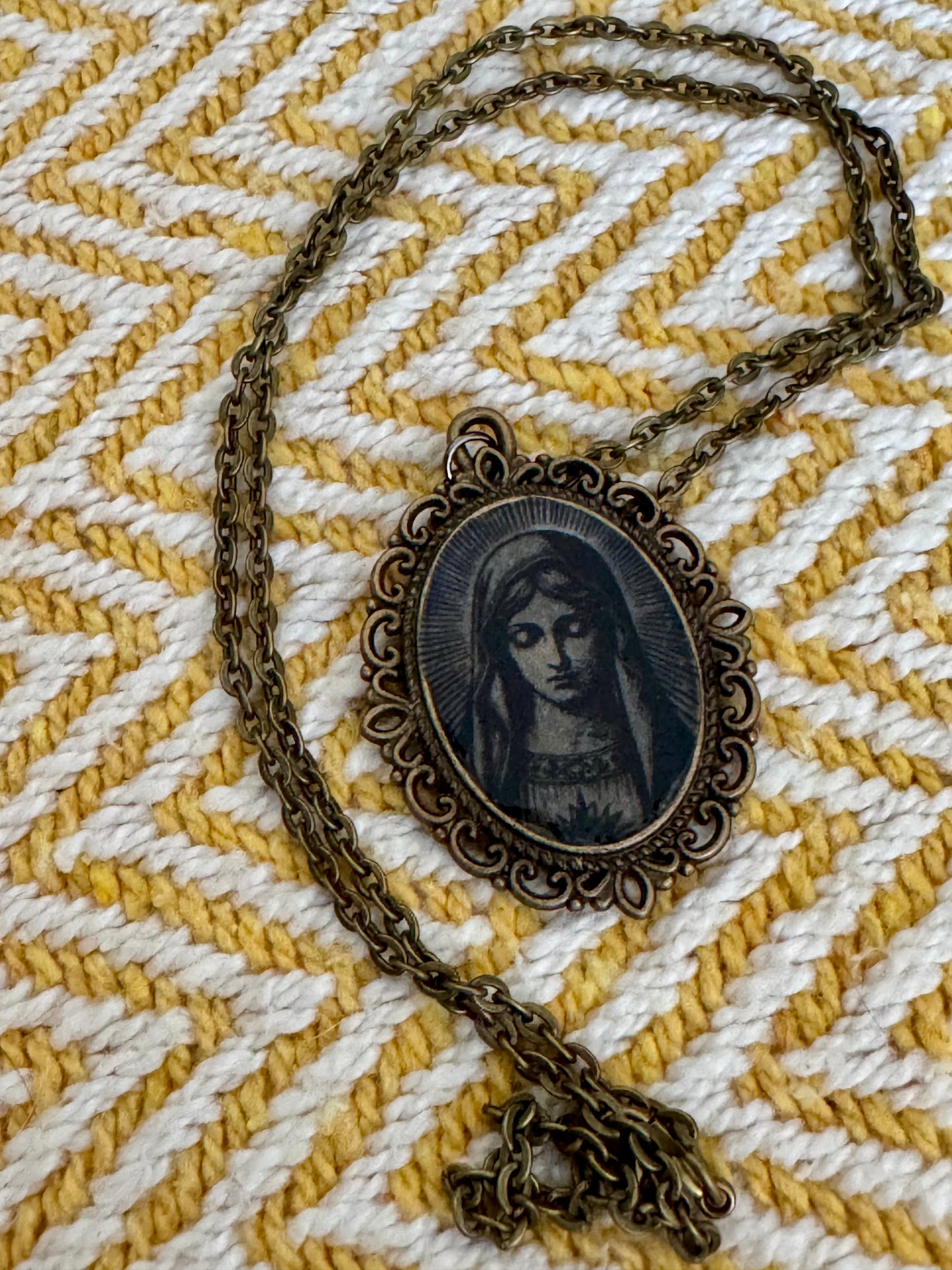 20” Vintage-Style Bronze Catholic Sacred Image Mother Mary Necklace – Handmade Religious Gift