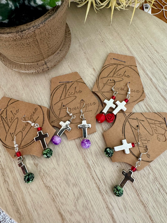 Handmade Silver Cross Dangle Earrings with Colorful Accents