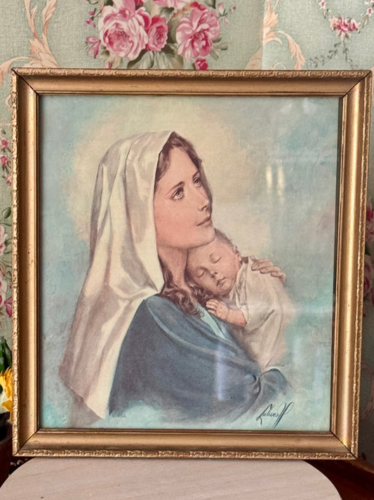 Vintage Portrait of the Virgin Mary Holding the Sleeping Baby Jesus – 11" x 10"