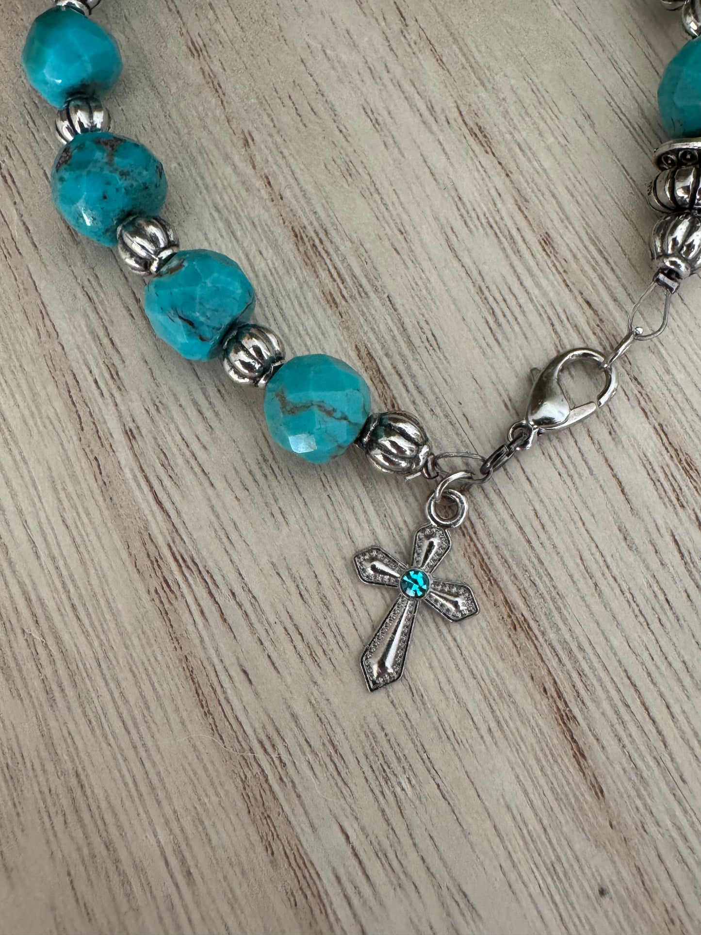 Handmade Rosary Bracelet – Blue & Teal Beads with Silver Cross Charm (8 Inches)