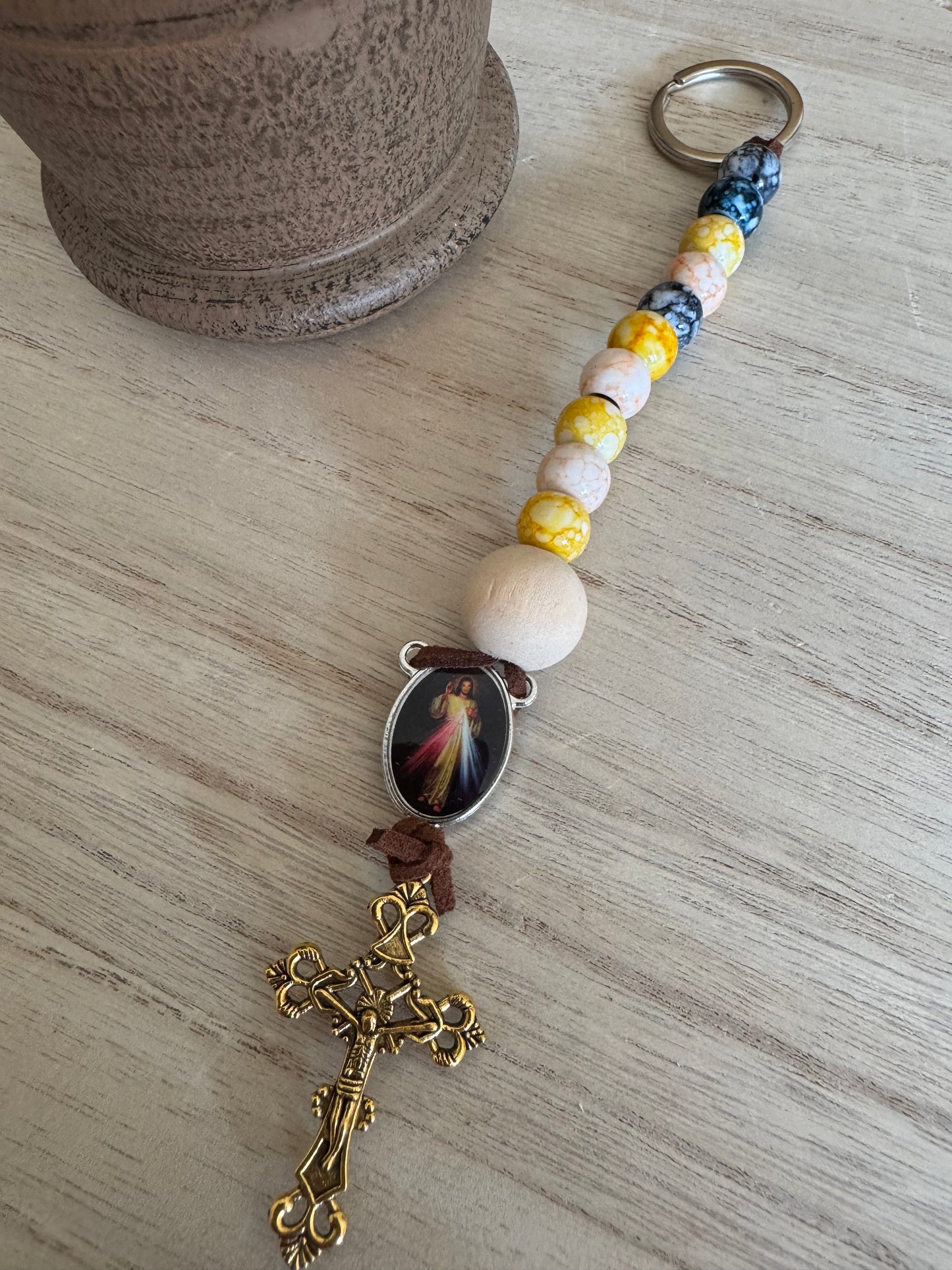 Yellow, Blue, and Peach Rosary Keychain with Divine Mercy and Gold Cross