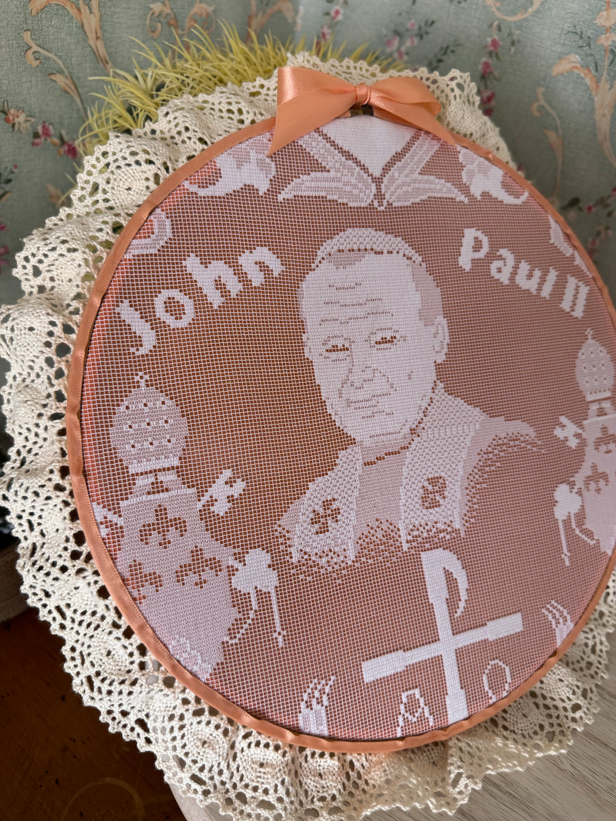 Vintage Handmade Pope John Paul II Needlepoint, Pink & Lace, 13"