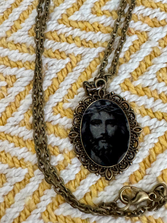20” Vintage-Style Bronze Catholic Jesus Portrait Image Necklace