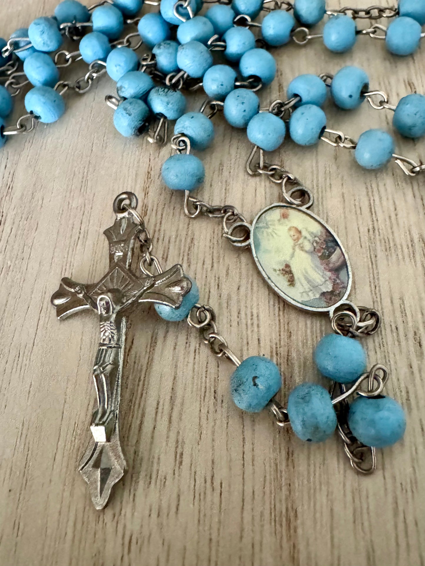 Vintage 1950s Baby Blue Wooden Bead Rosary – Baptism & Holy Spirit Centerpiece – 20 Inches